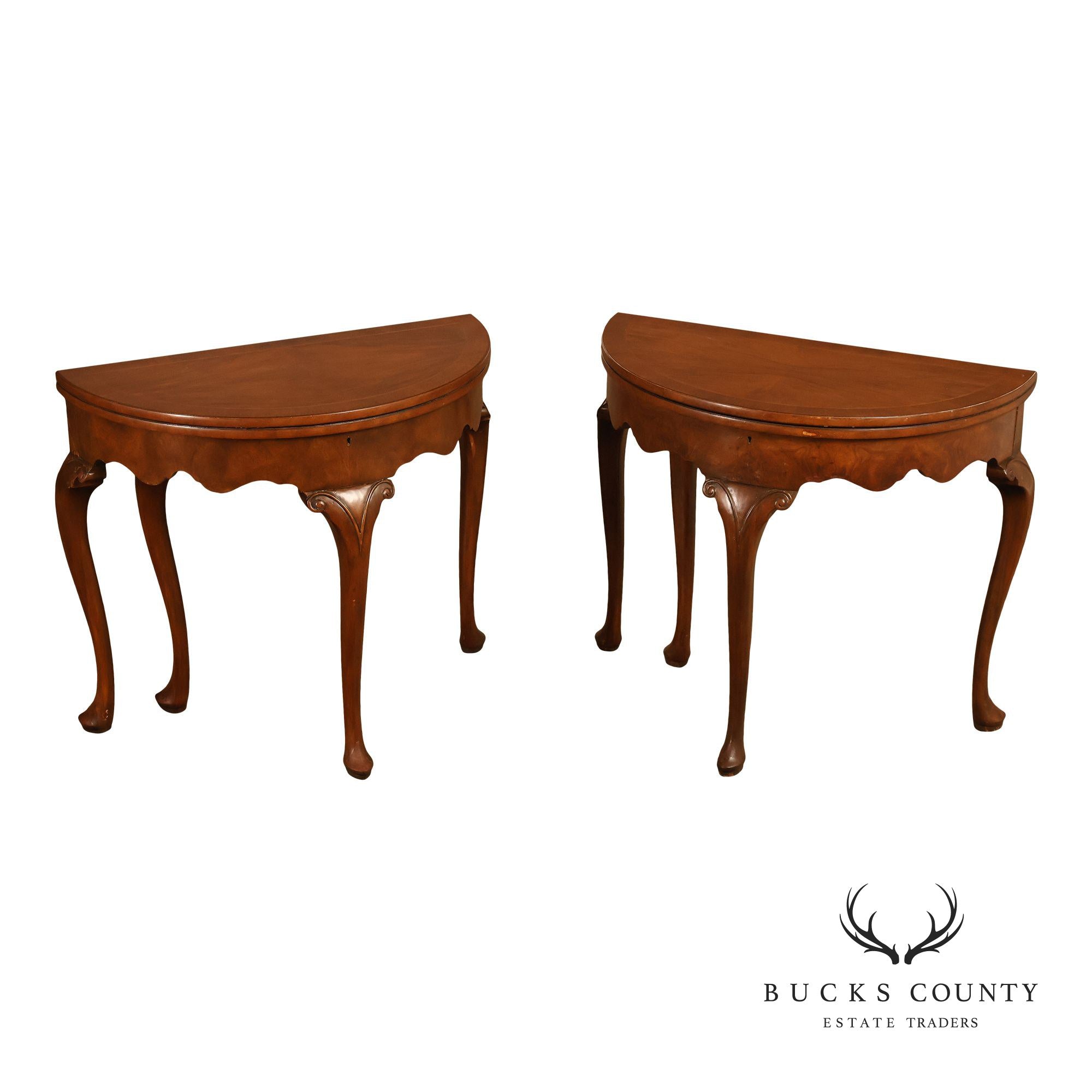 Baker Furniture Vintage Pair Of Walnut Demilune Flip Top Card Tables