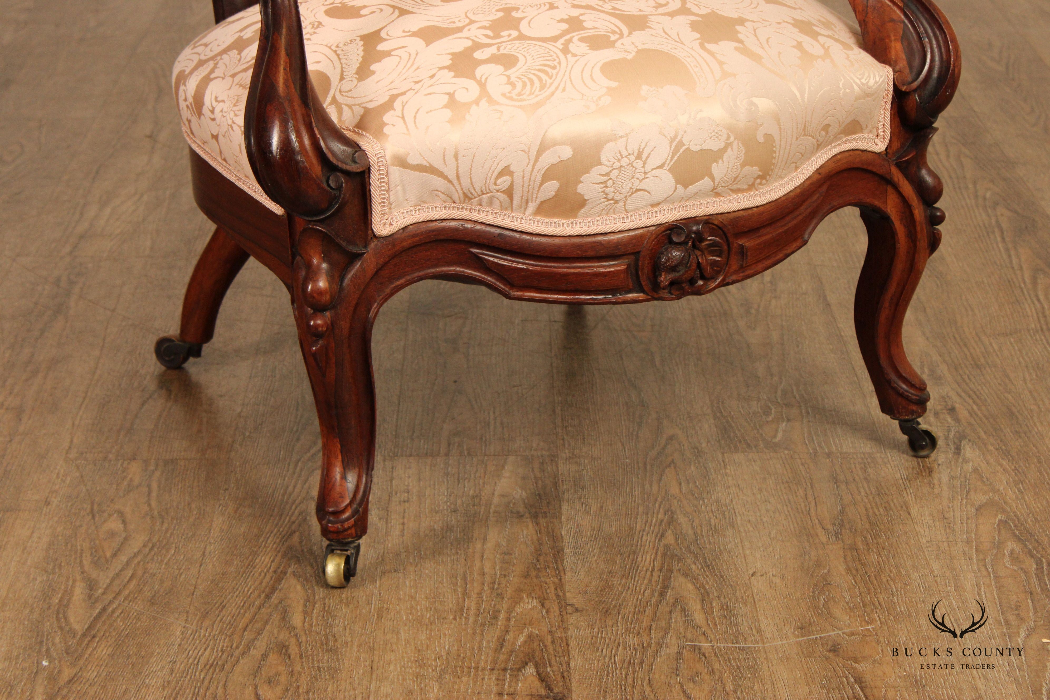 Antique Victorian Pair of Carved Walnut Armchairs
