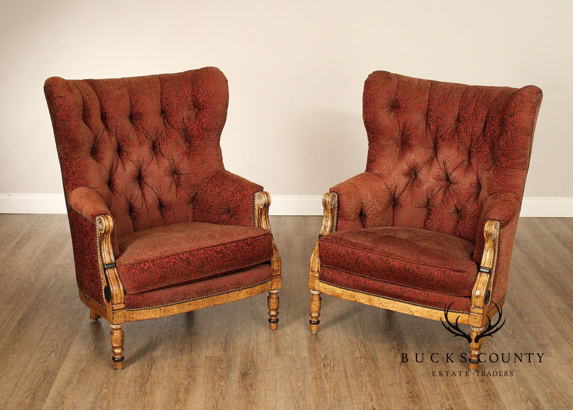 Paul Robert Pair of Tufted Wing Chairs