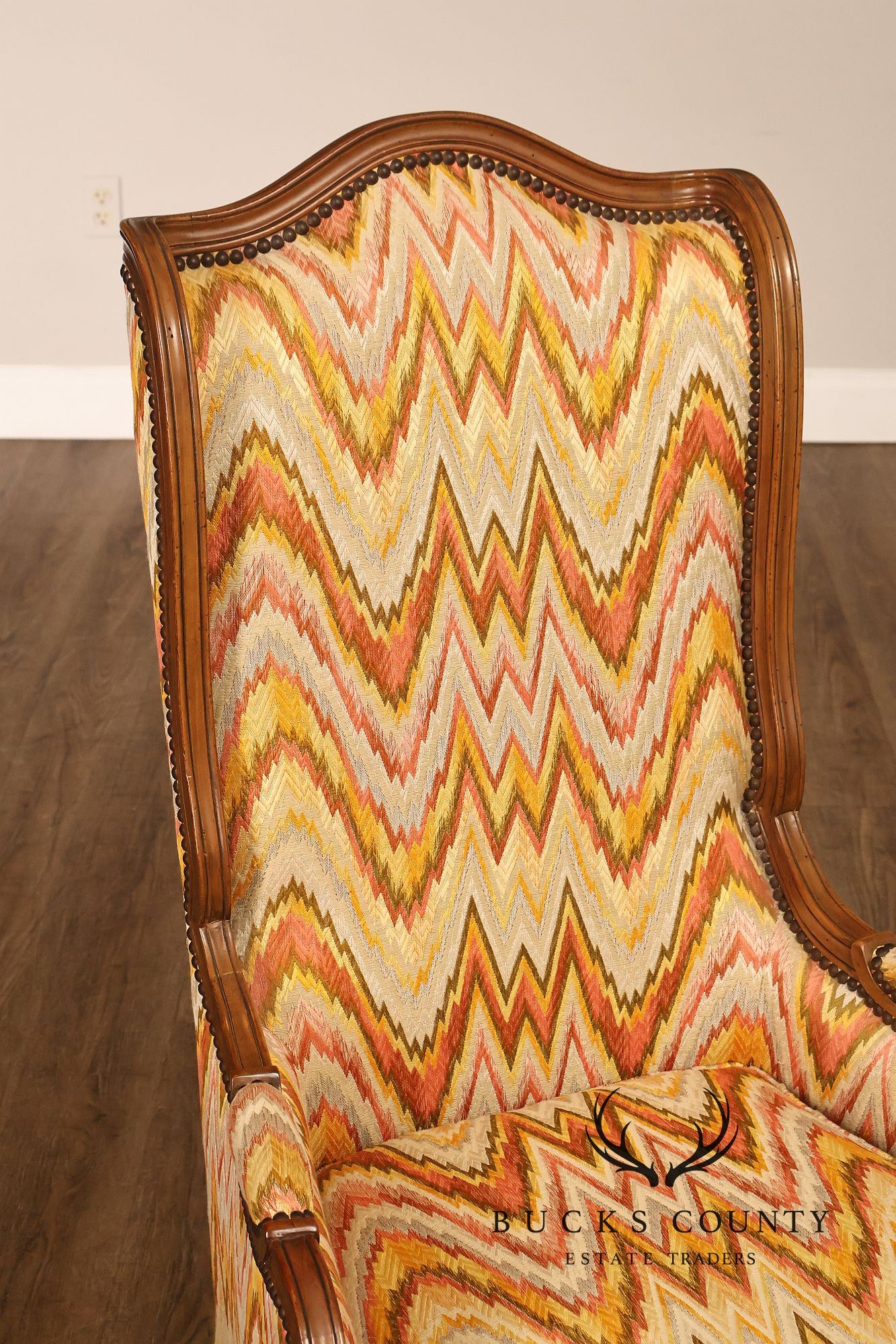 Baker Furniture French Style High Back Upholstered Wingback Armchair with Nailhead Trim