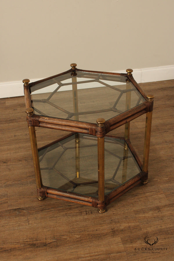 Hollywood Regency Vintage Two-Tier Glass Top Bamboo Side Table