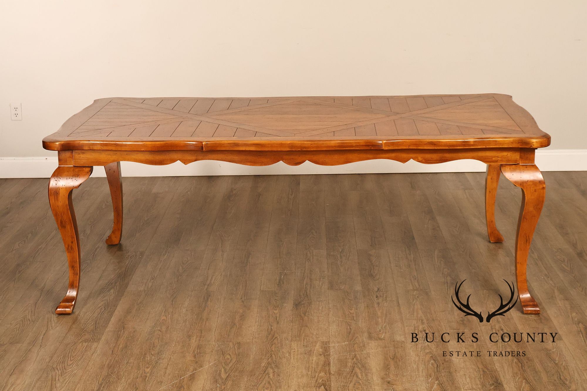 French Provincial Style Parquetry Top Dining Table with Scalloped Apron and Cabriole Legs