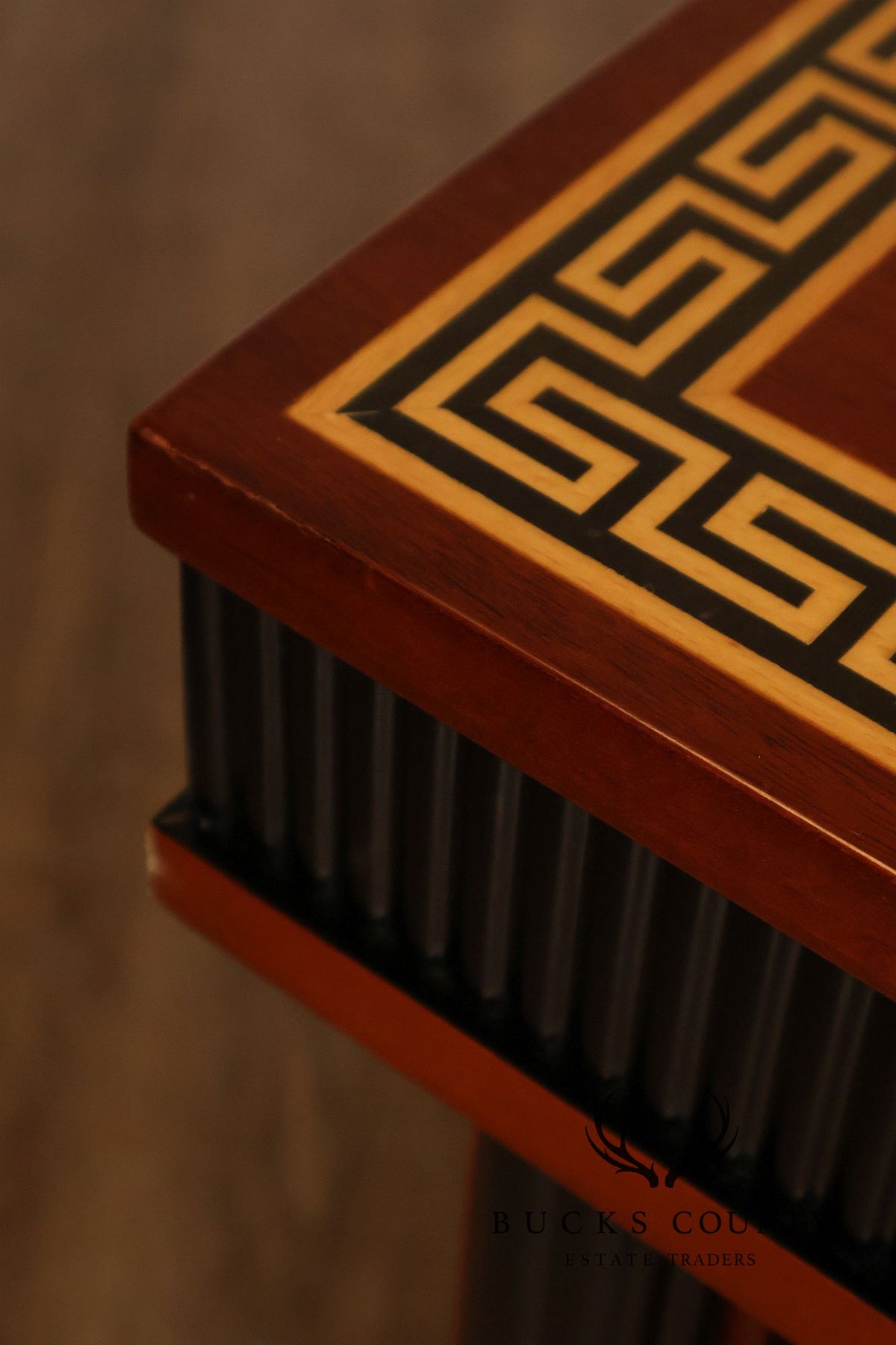 Neoclassical Style Mahogany And Ebonized Bar Cart With Greek Key Inlay And Brass Accents
