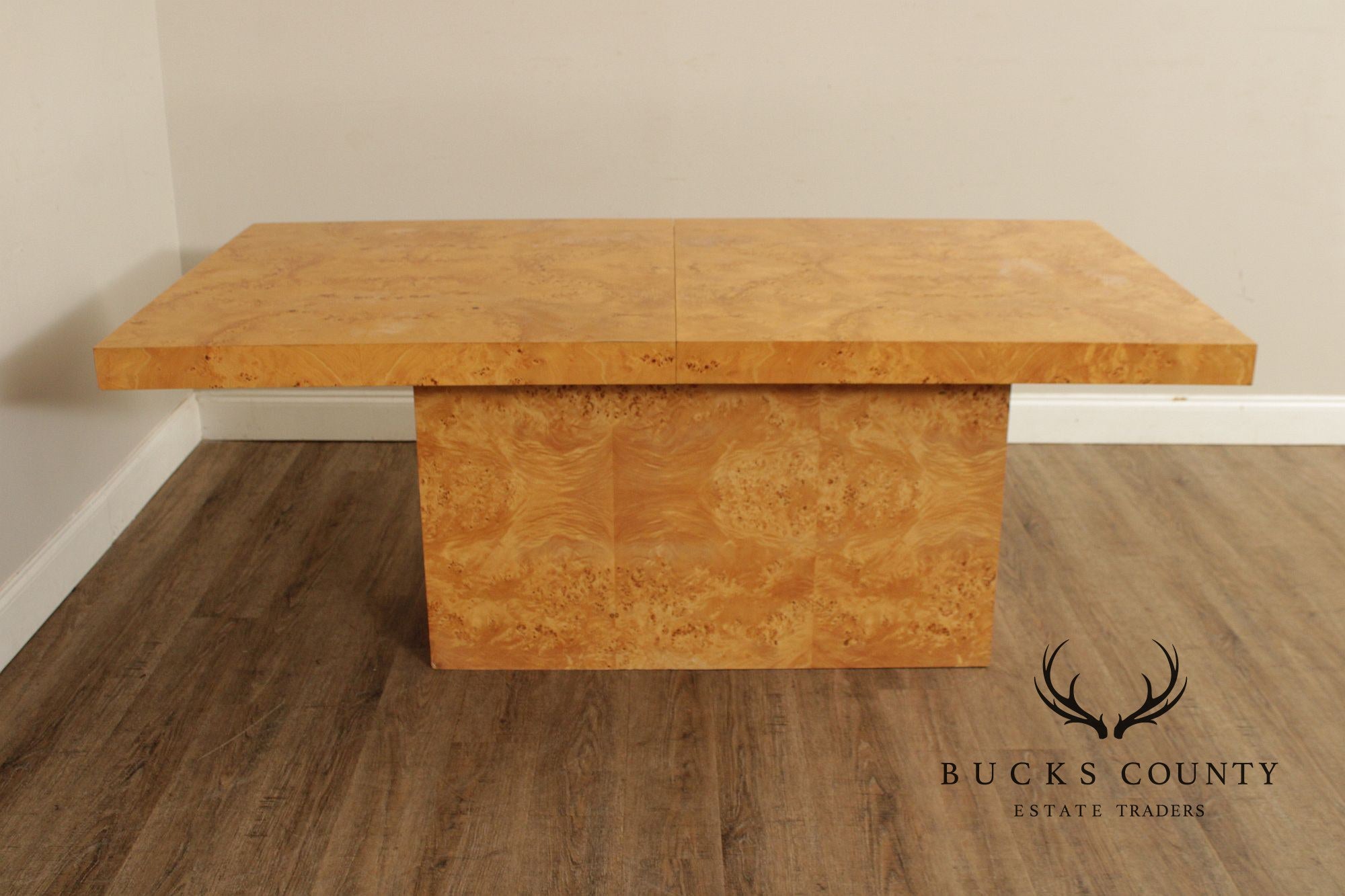 Milo Baughman Style Burlwood Extension Dining Table with 2 Leaves