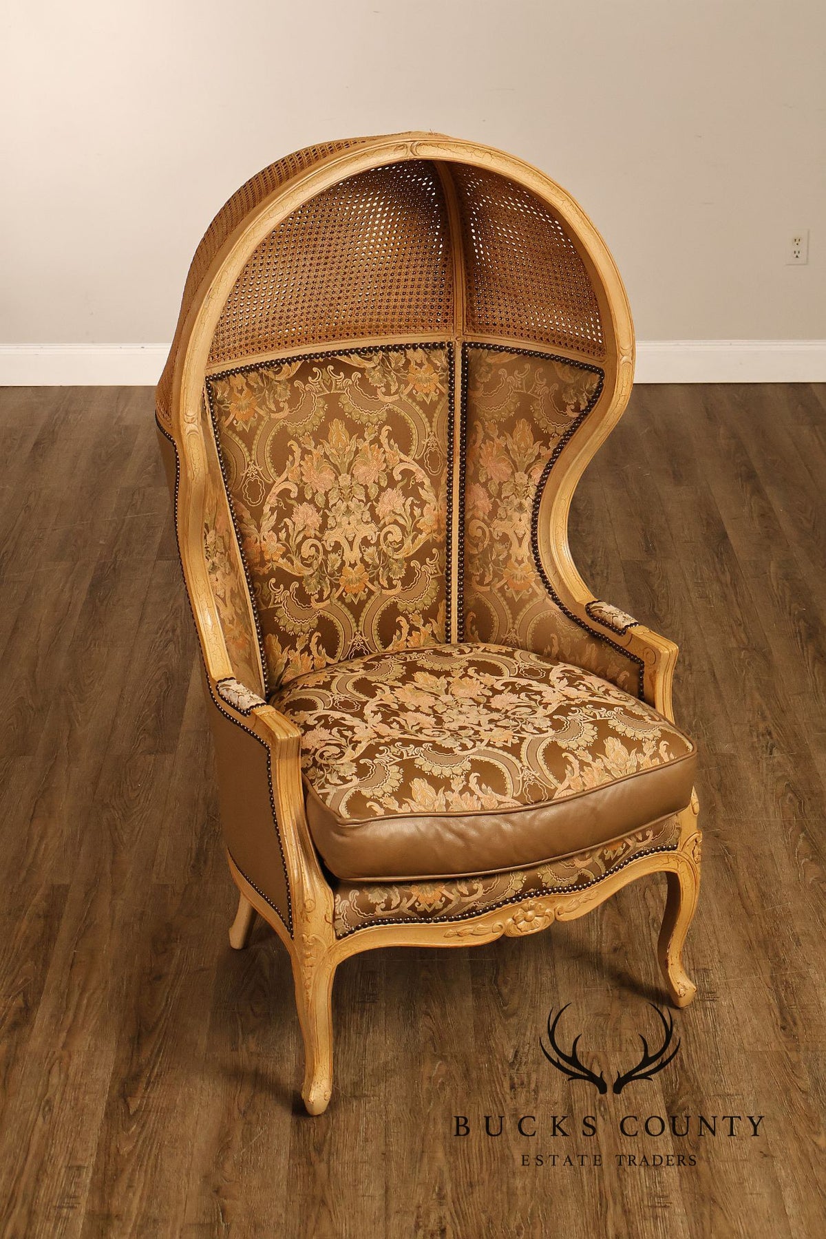 Old Hickory Tannery French Louis XV Style Pair Of Cane And Leather Hooded Porter Chairs