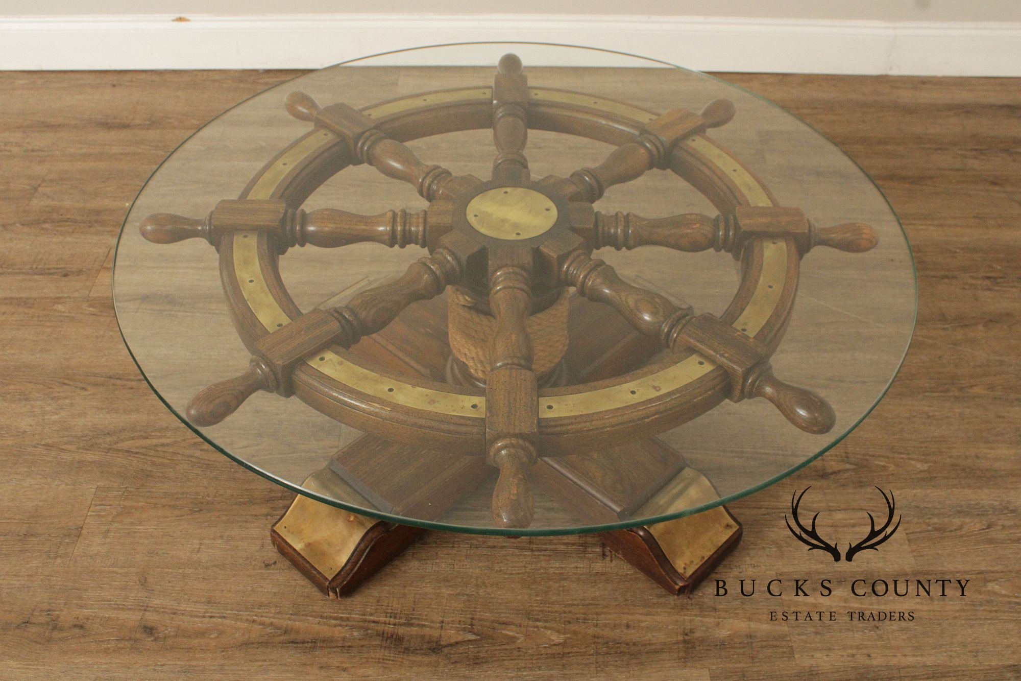 Nautical Ship's Wheel Vintage Round Glass Top Coffee Table