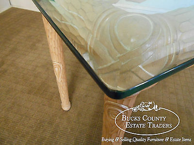 Carved Naturalistic Solid Maple Glass Top Sofa Table