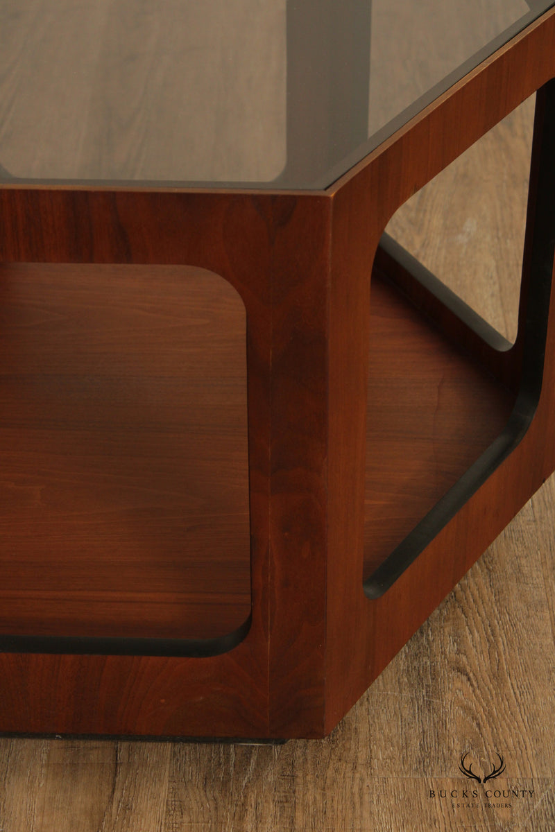 Lane 'Altavista' Mid Century Modern Pair of Walnut and Glass Side Tables