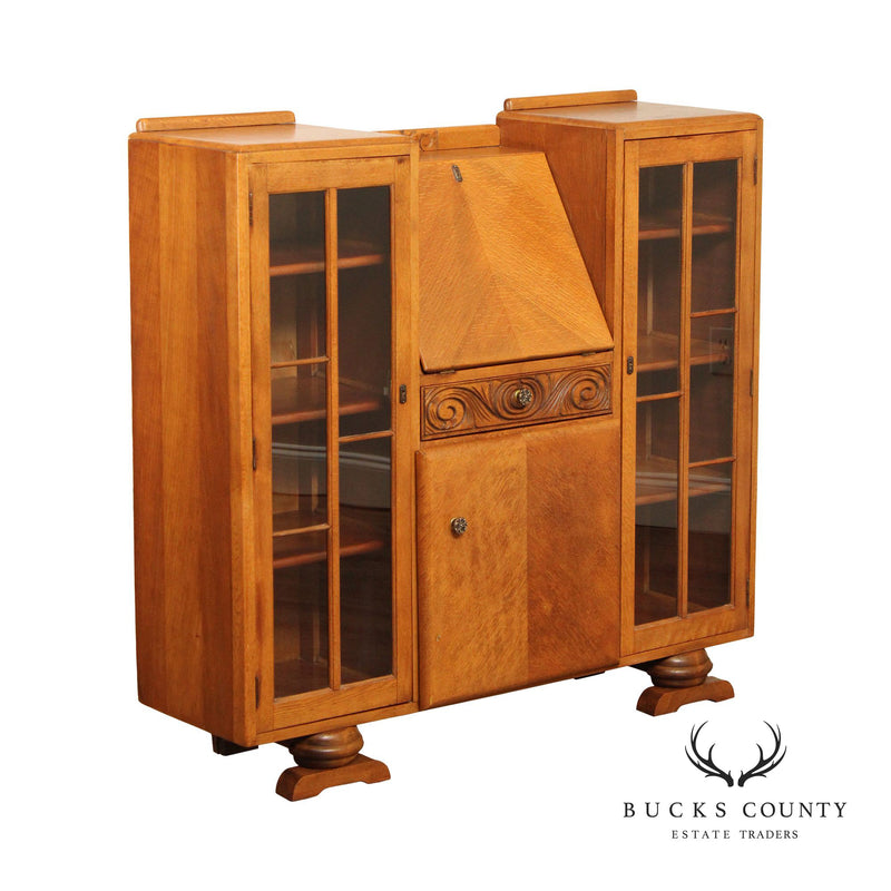 English Art Deco Carved Oak Secretary Bookcase