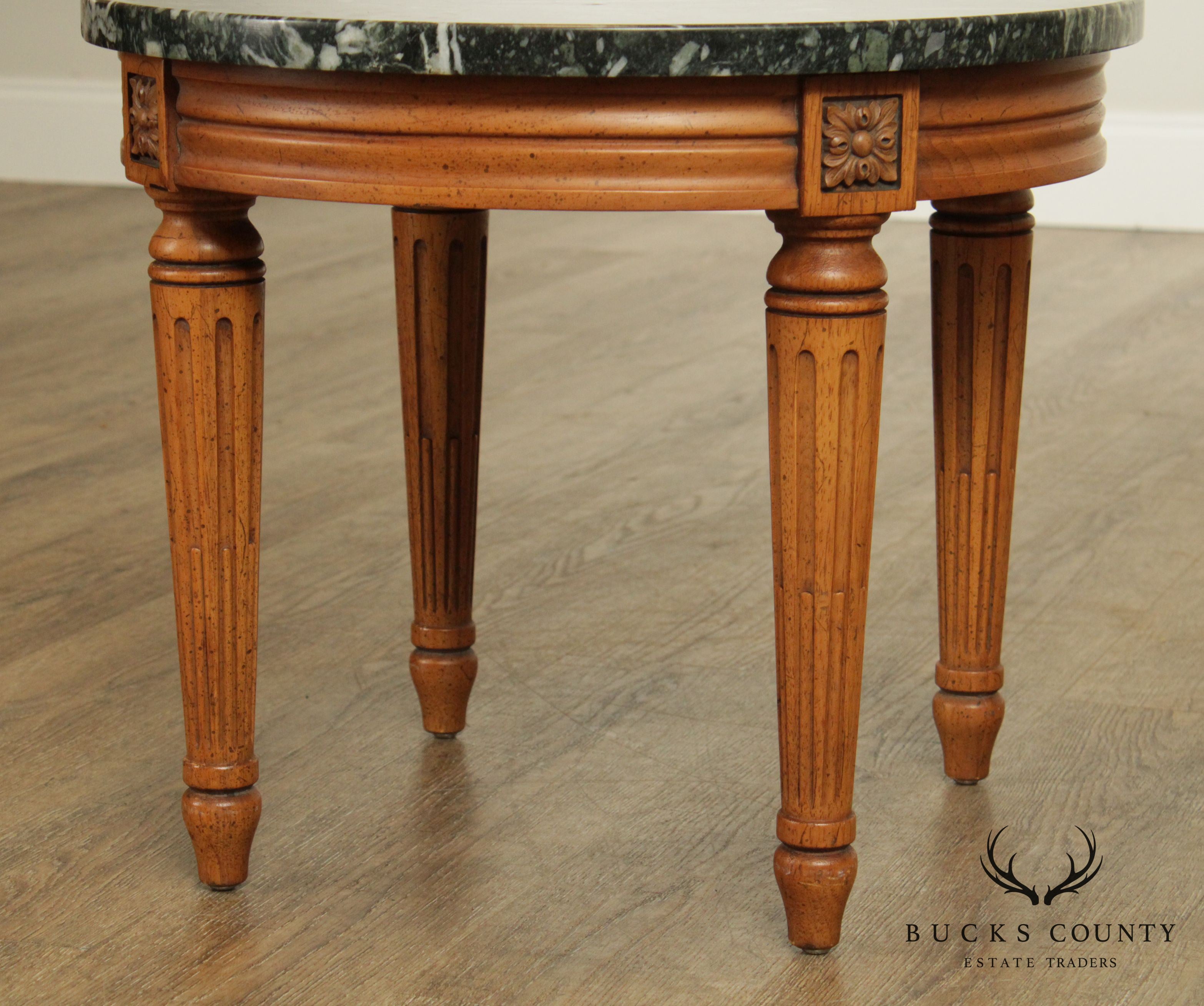 French Louis XVI Style Vintage Walnut Pair Round Marble Top Side Tables