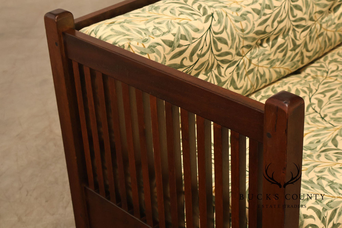 Mission Style Mahogany Spindle Settle With Botanical Upholstery
