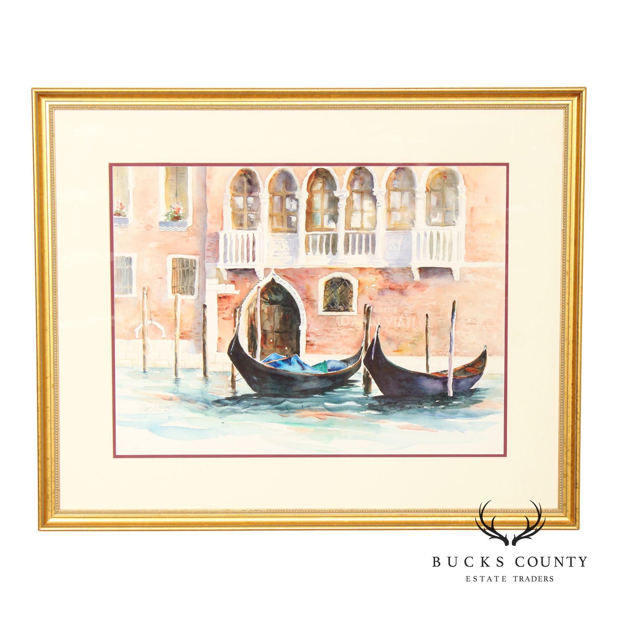 Judy Antonelli Framed Watercolor Painting, 'The Waiting Gondolas'