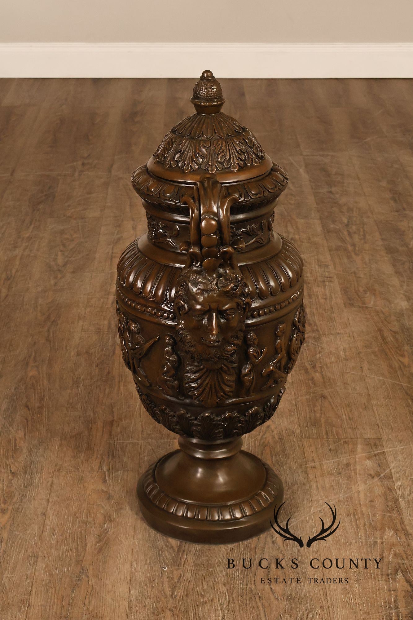 Neoclassical Style Large Pair Of Cast Bronze Covered Urns With Figural Relief