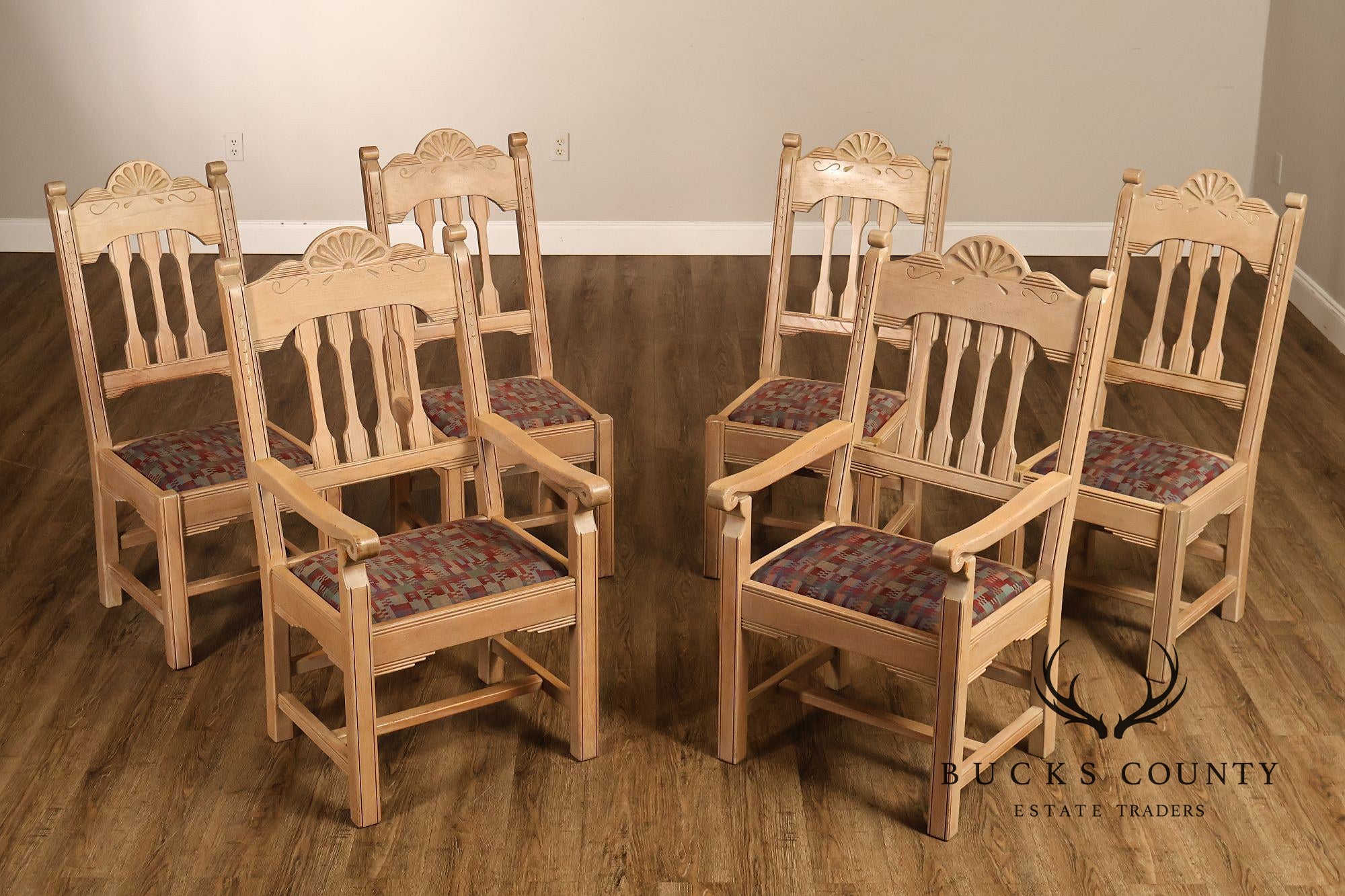 Southwest Style Vintage Set of Six Carved Pine Dining Chairs
