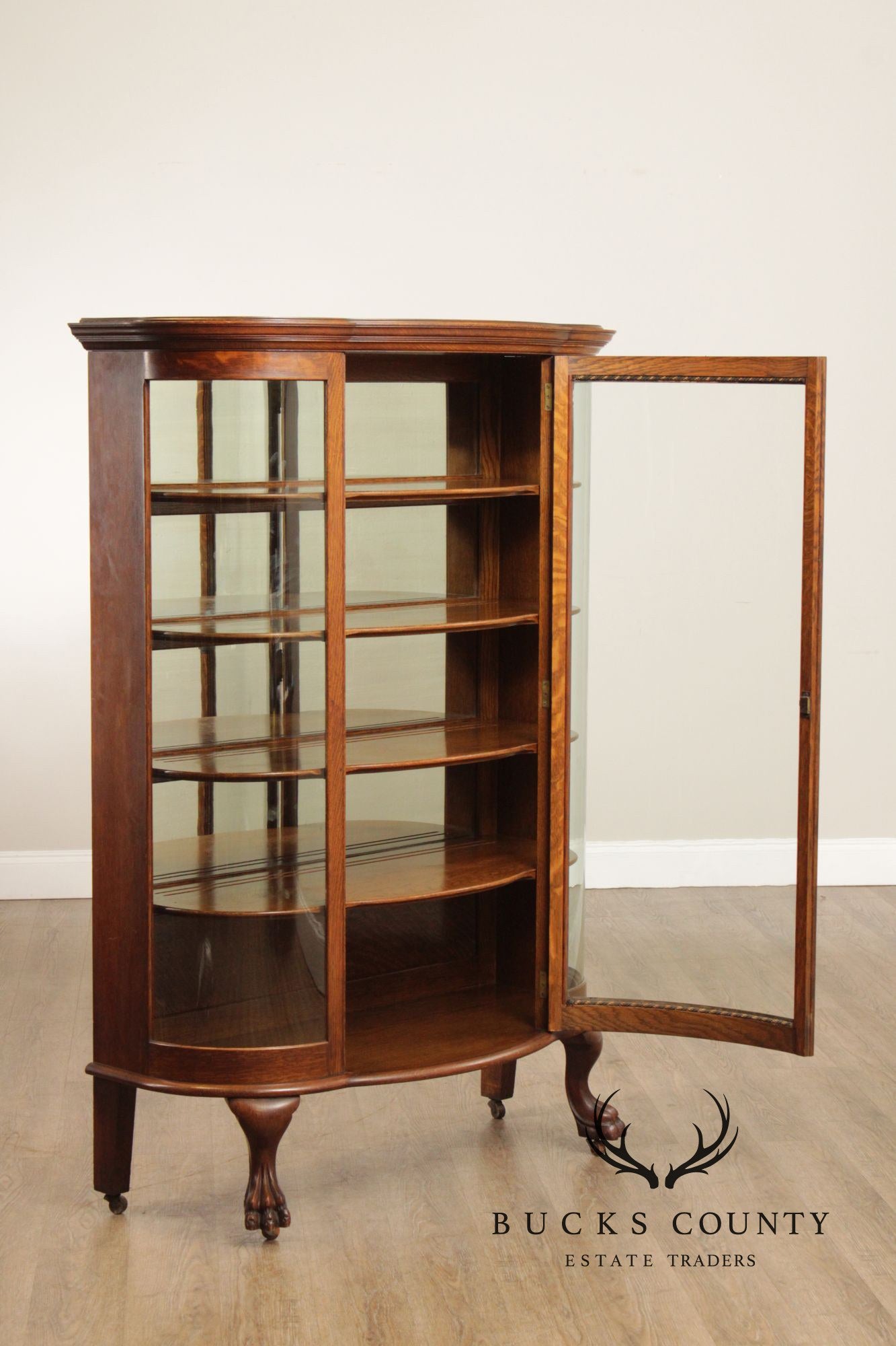 Antique Victorian Oak Curio Bow Glass China Cabinet