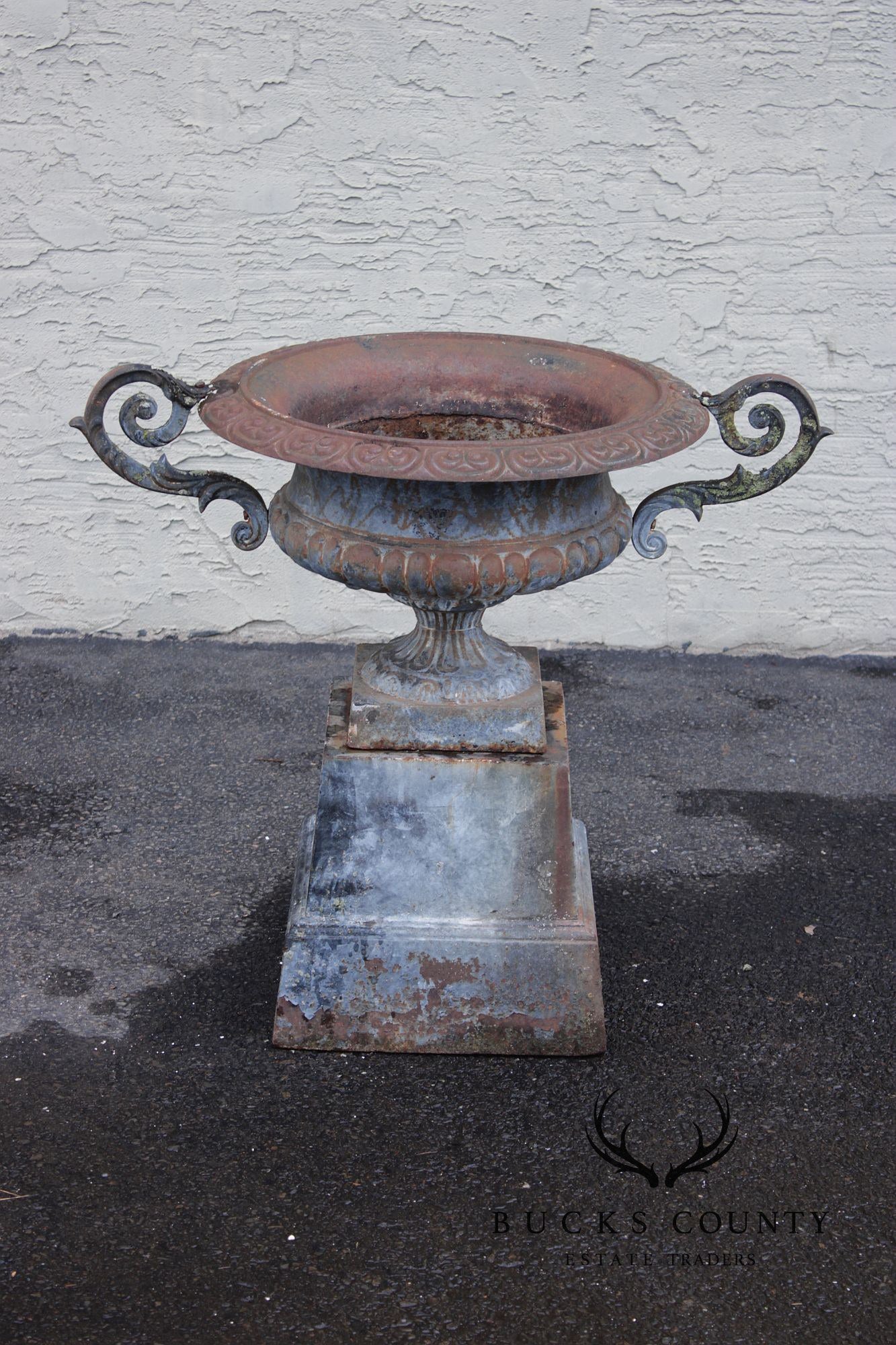 Vintage Cast Iron Neoclassical Garden Urn On Pedestal