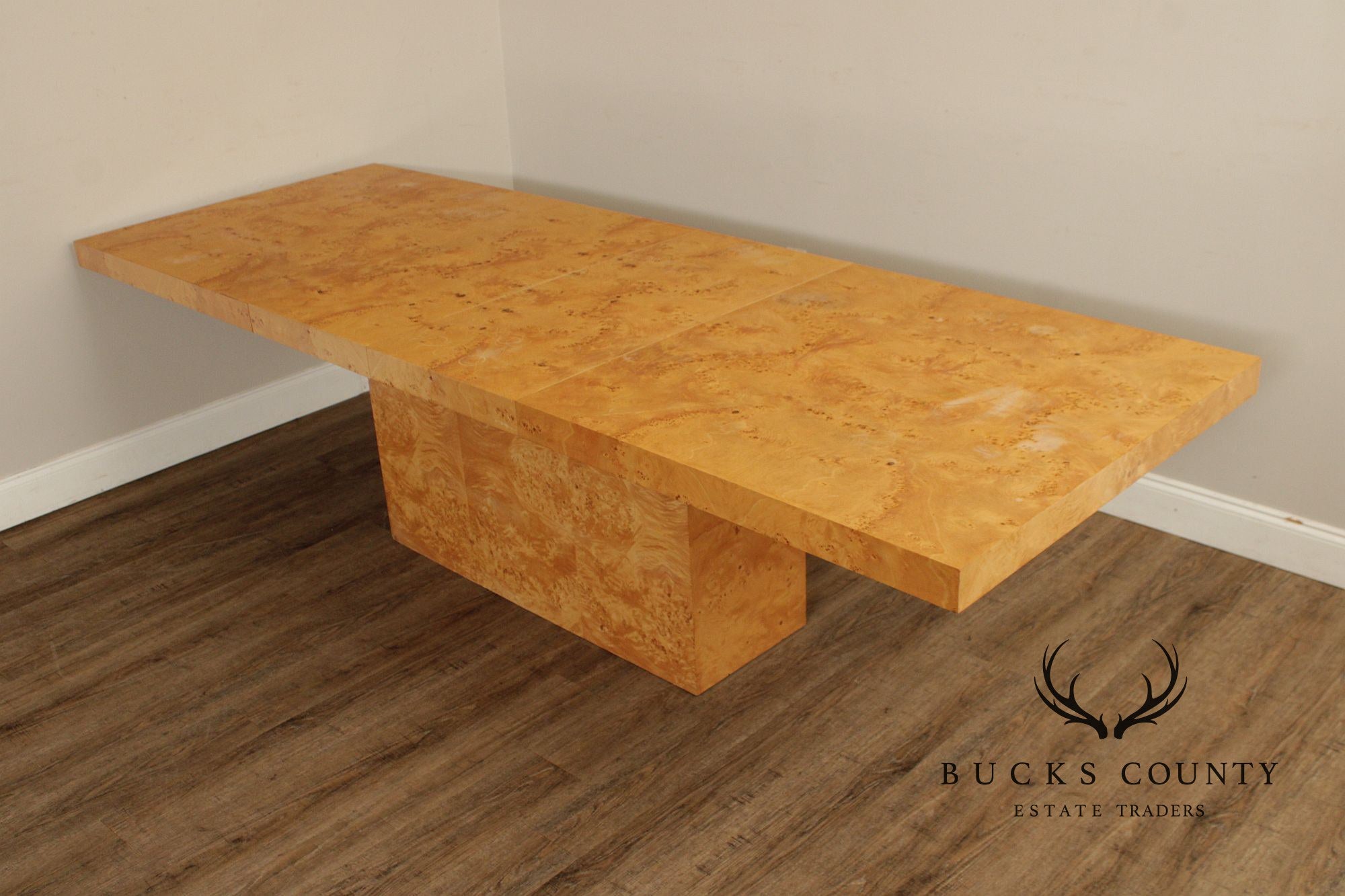 Milo Baughman Style Burlwood Extension Dining Table with 2 Leaves