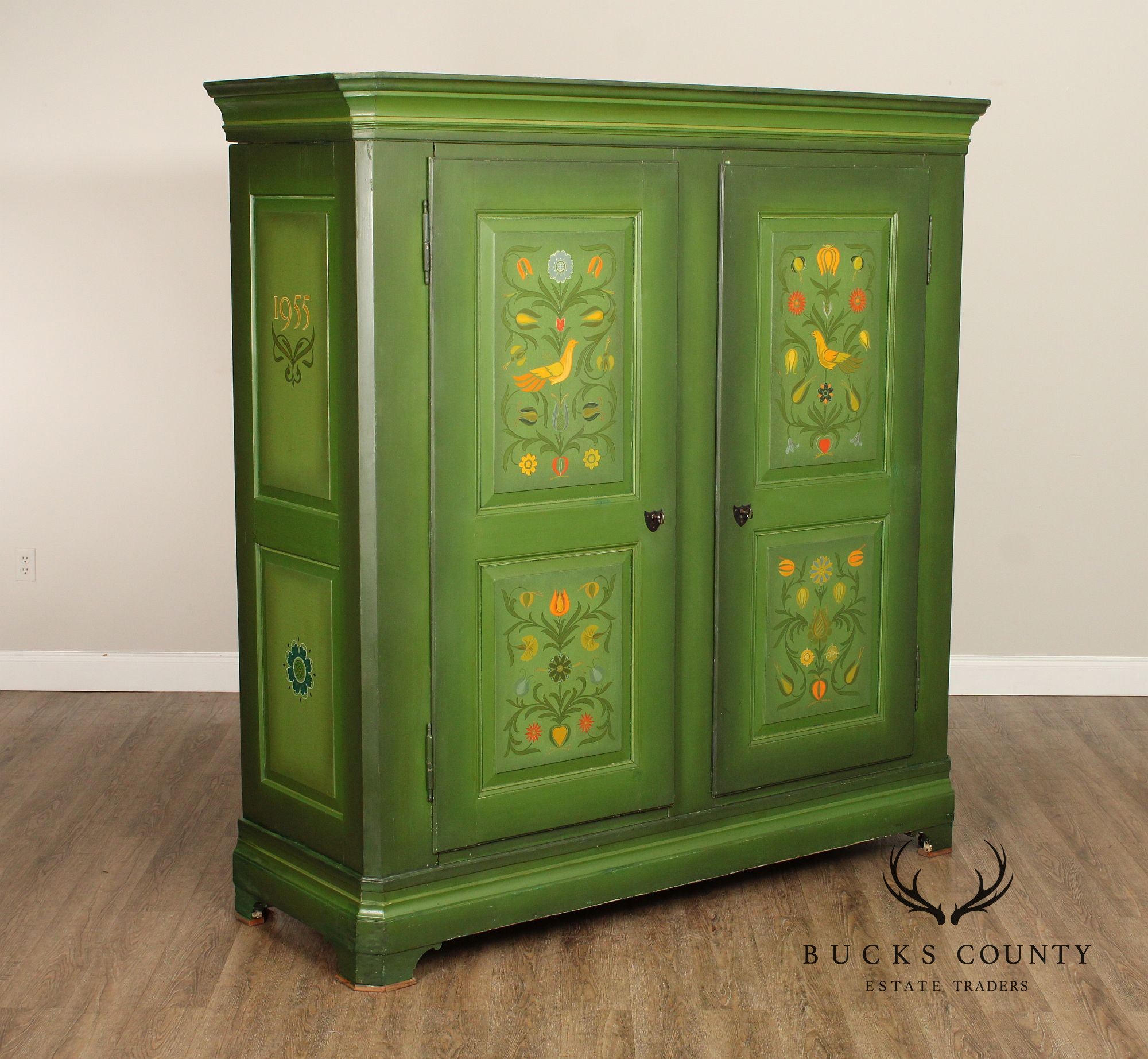 Folk Art Hand Painted Large European Two Door Armoire