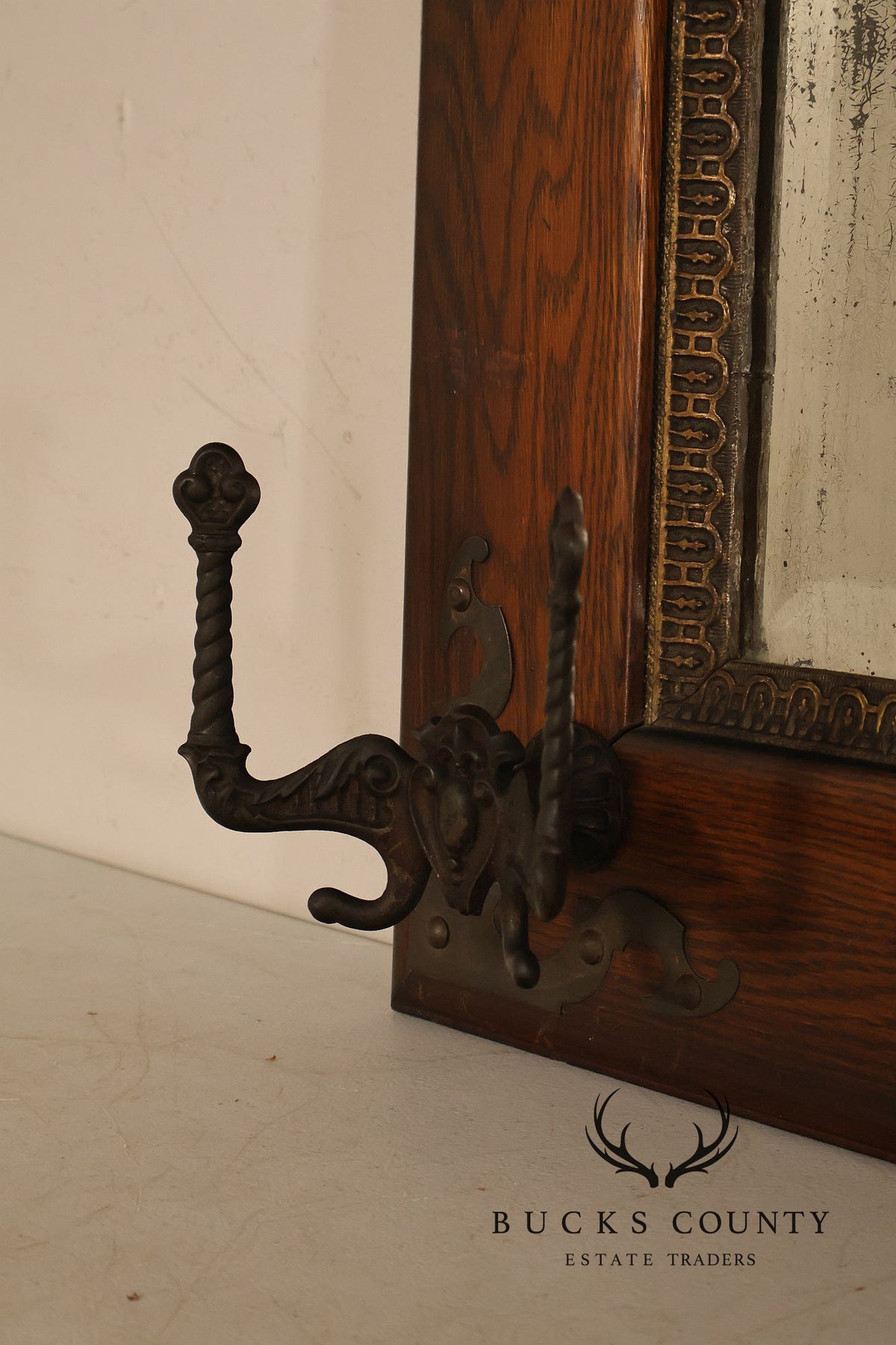 Antique Victorian Oak Wall Mirror With Cast Iron Coat Hooks