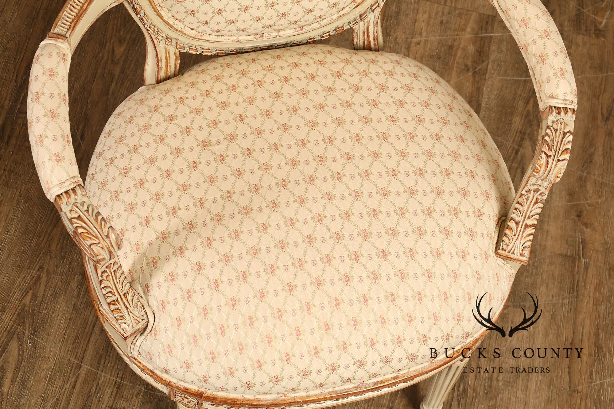 French Louis XVI Style Pair of Cream Painted Armchairs