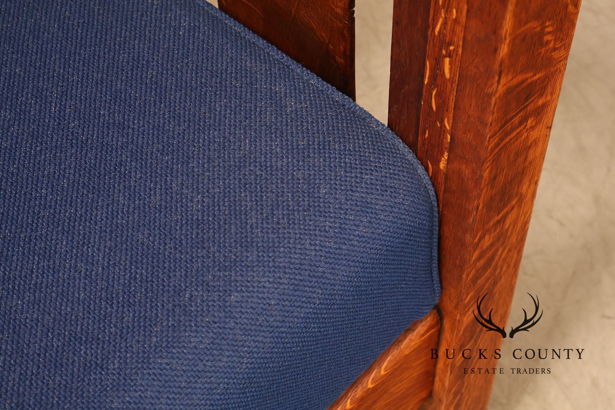 Phoenix Mission Style Quarter Sawn Oak Plank Sofa With Blue Cushions