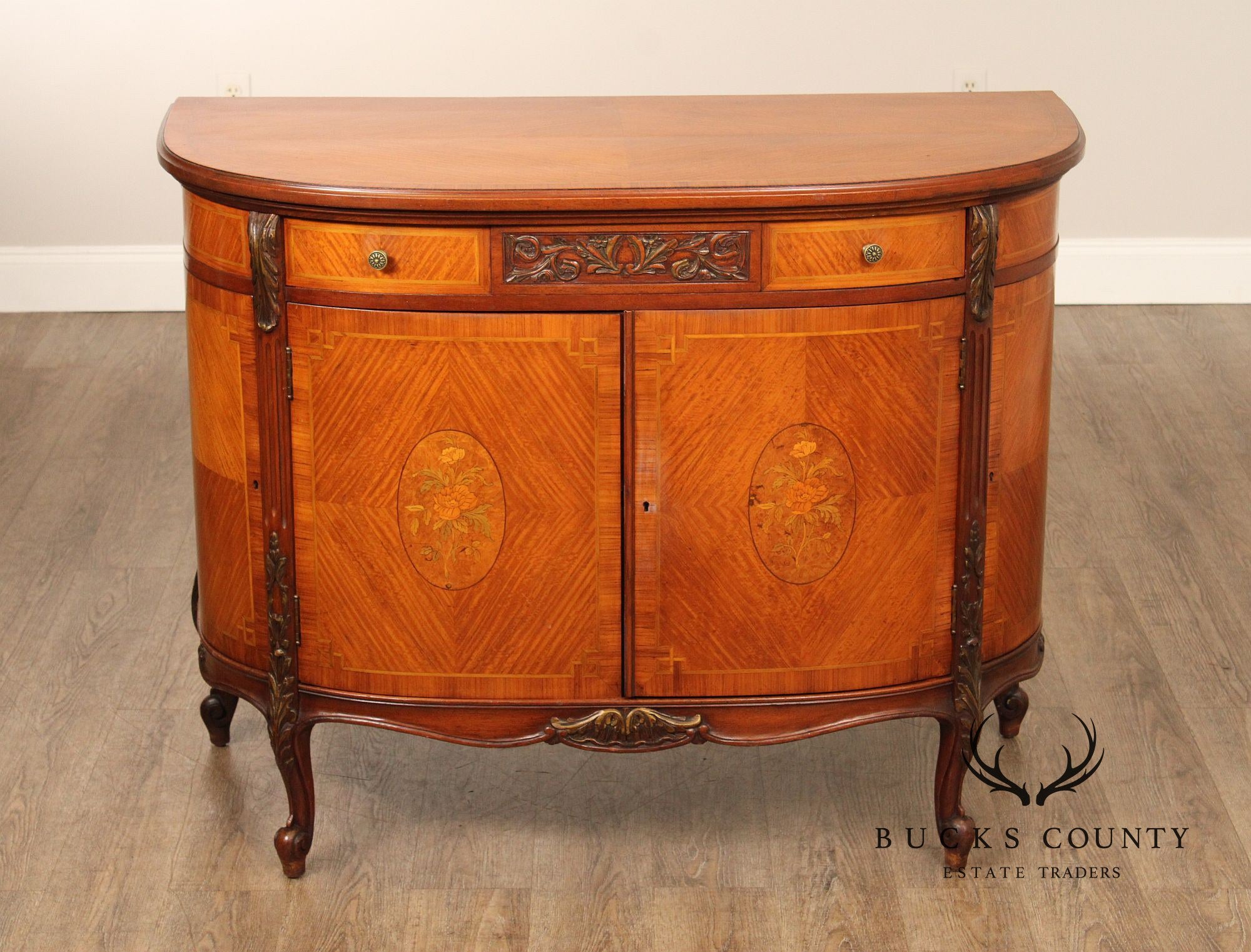 1930's French Louis XV Style Inlaid Satinwood Demilune Commode