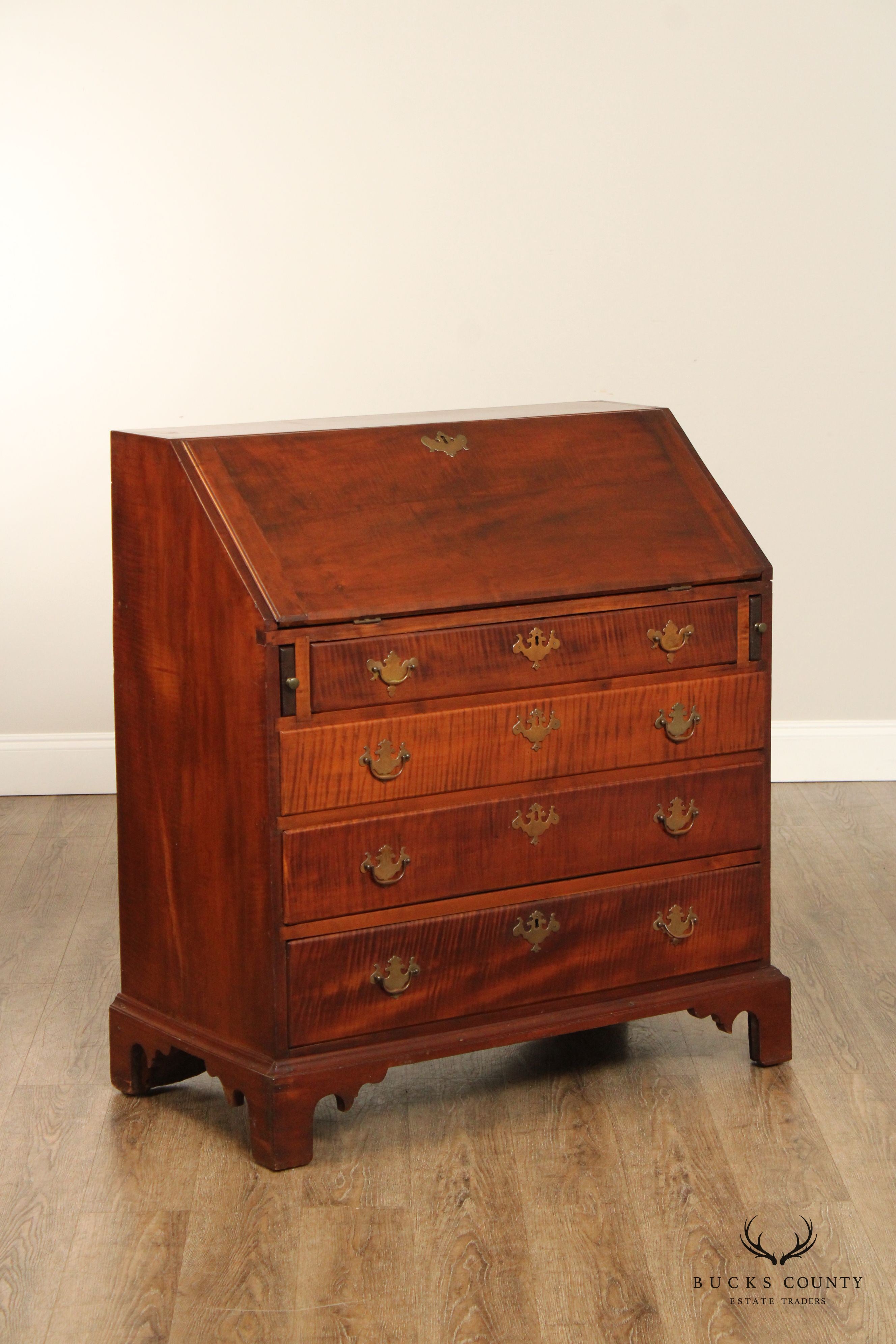 Tiger Maple Chippendale Style Antique Slant Front Desk