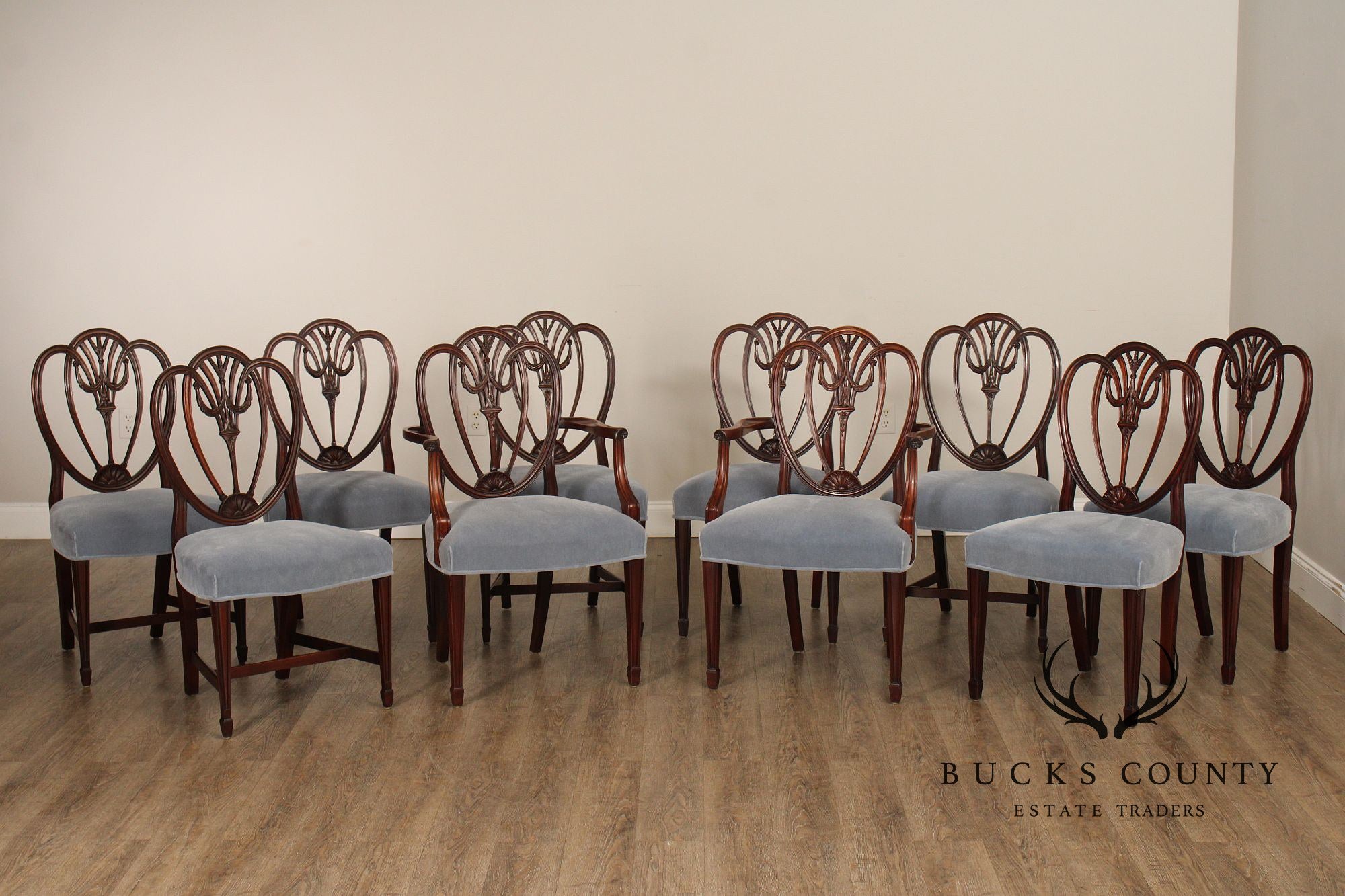 Hepplewhite Style Set of Ten Carved Mahogany Dining Chairs