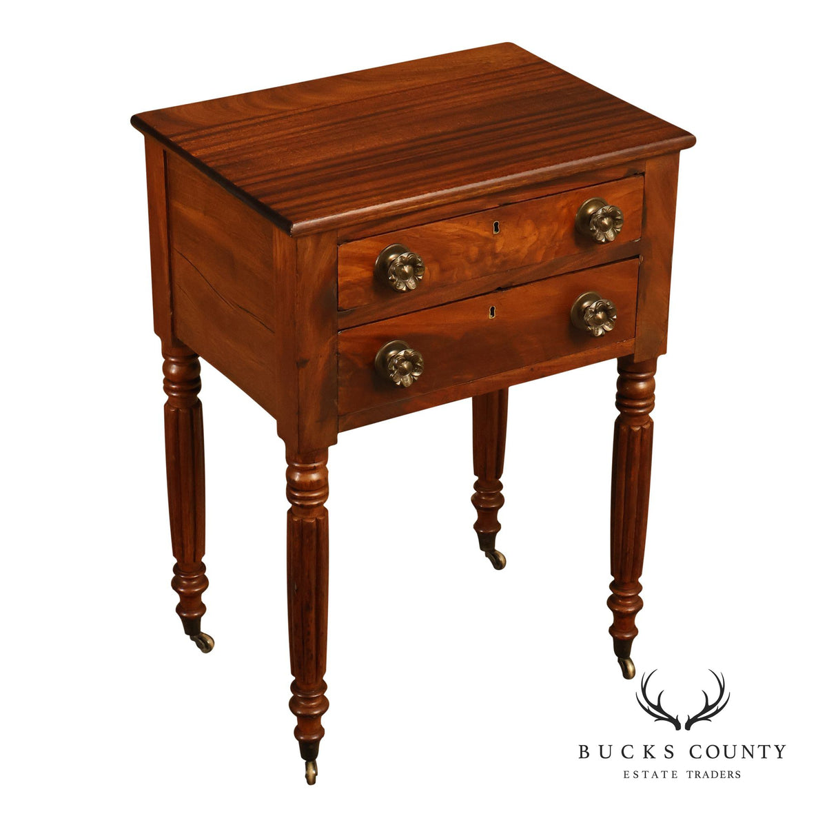 Antique American Sheraton Mahogany Two Drawer Work Table On Casters