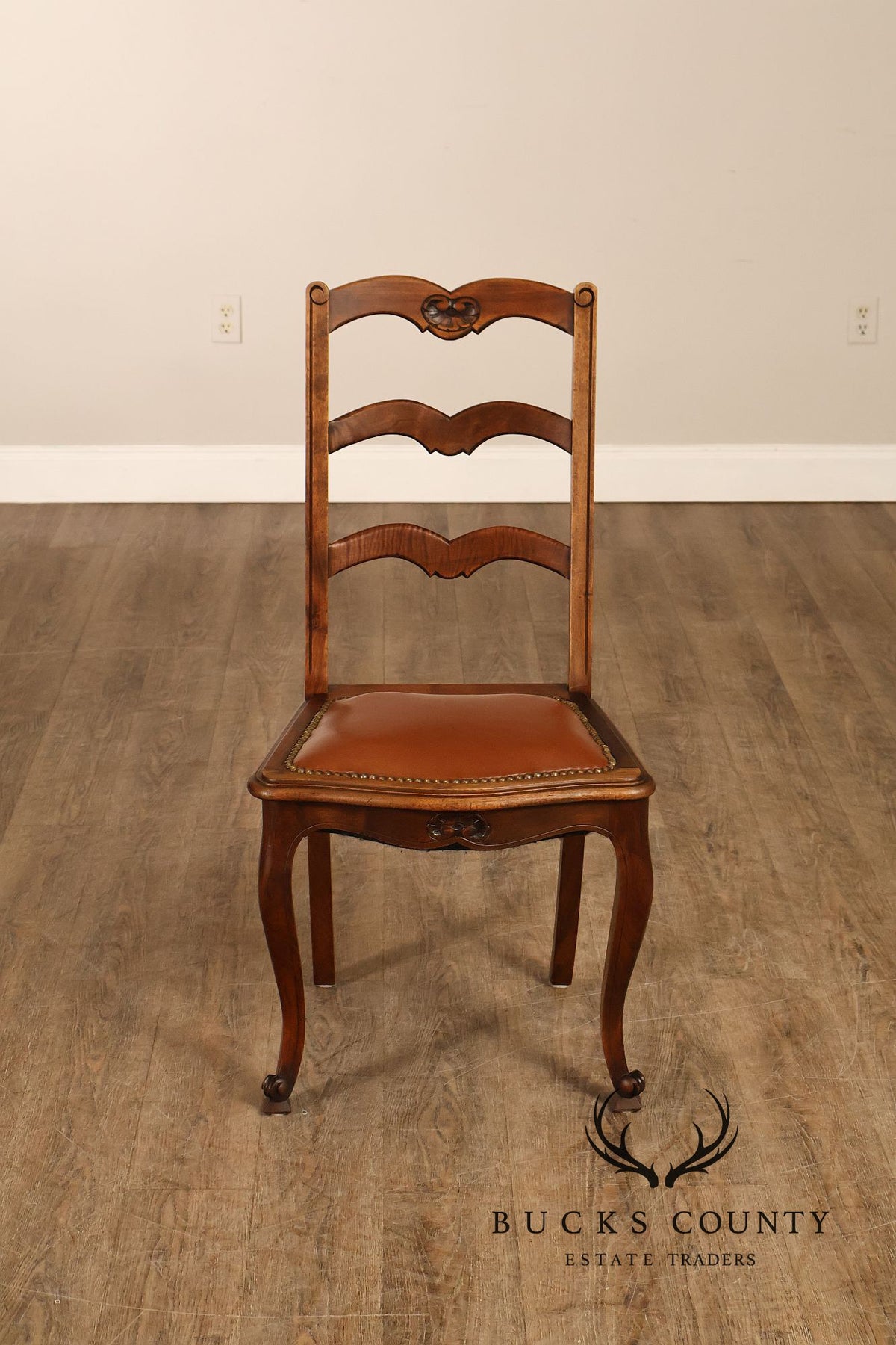 French Country Antique Set Of Eight Walnut And Leather Ladder Back Dining Chairs