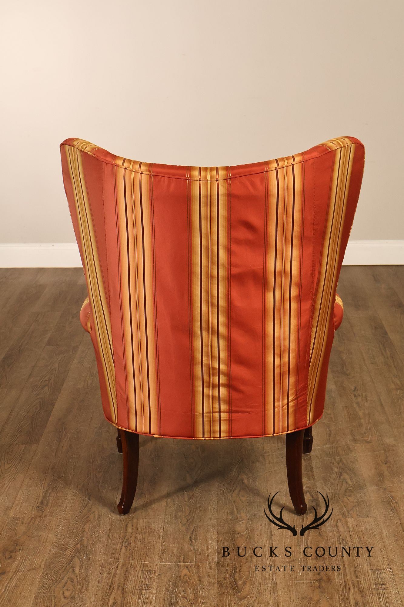 Custom Quality Pair Of Mahogany Fanback Wing Chairs