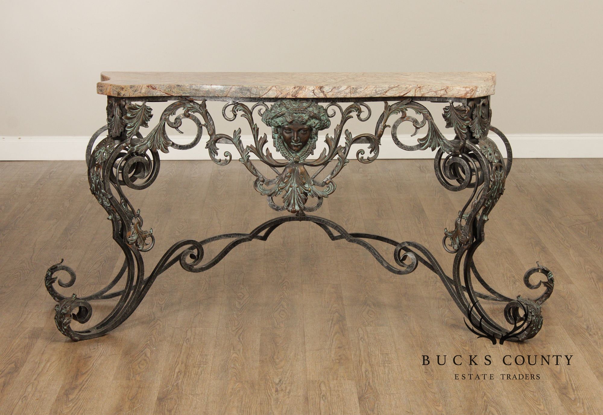 Maitland Smith Italian Rococo Style Scrolled Iron And Bronze Marble Top Console Table