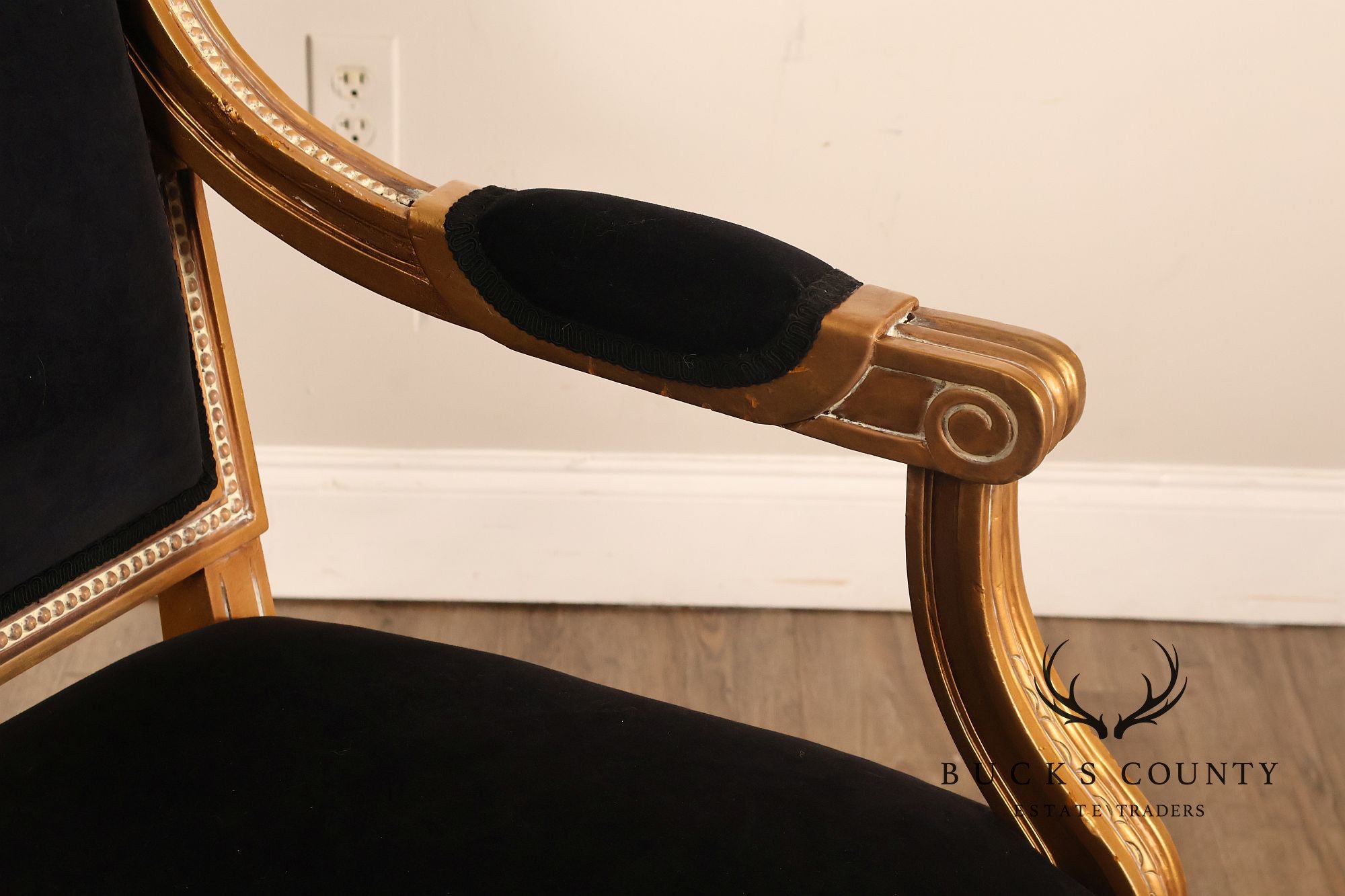 Louis XVI Style Giltwood Armchair With Black Upholstery