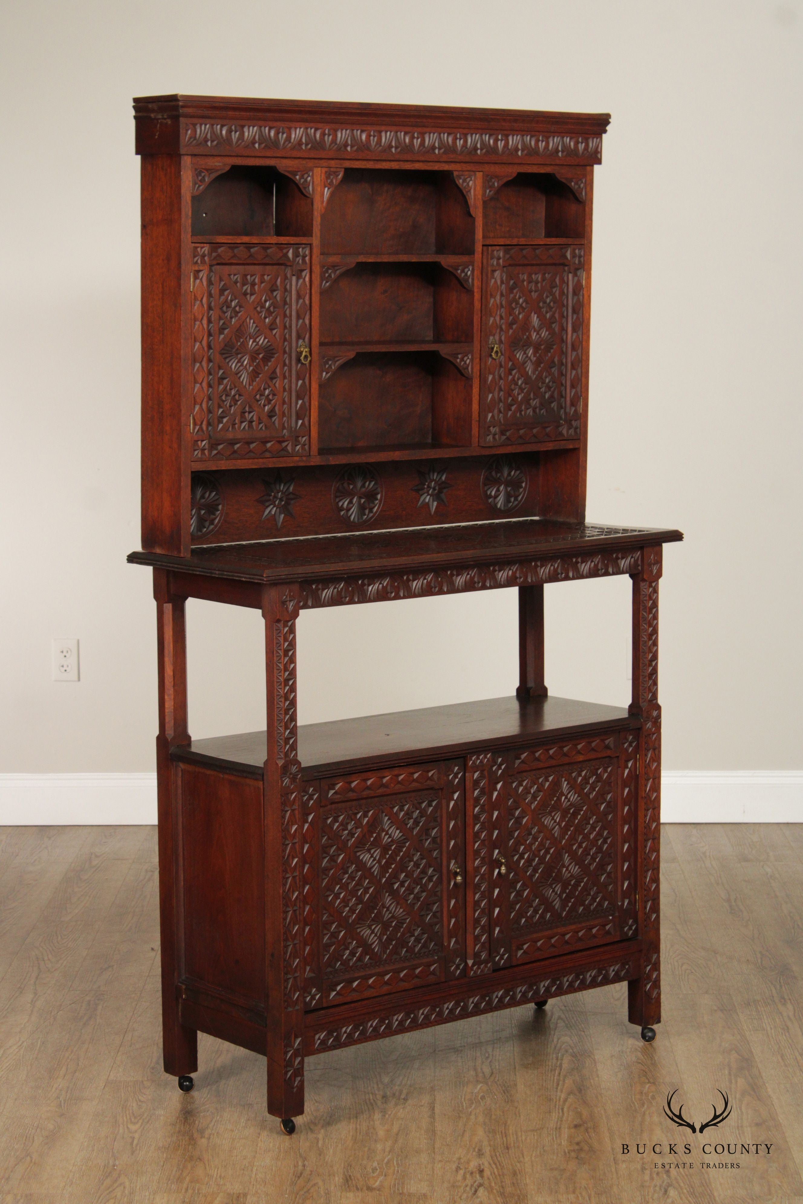 Vintage Moroccan Carved Hard Wood Two-Piece Server Cabinet