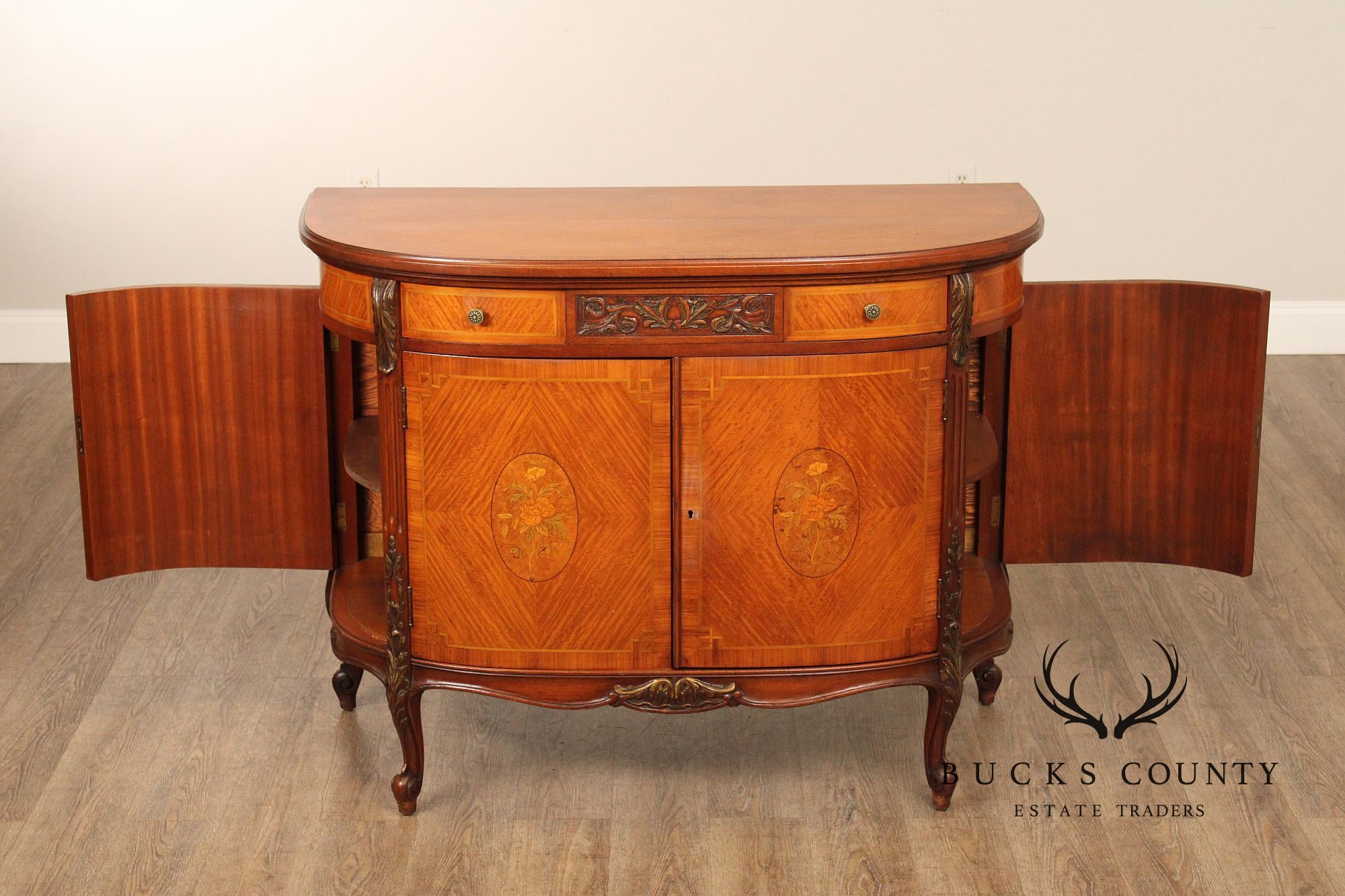 1930's French Louis XV Style Inlaid Satinwood Demilune Commode