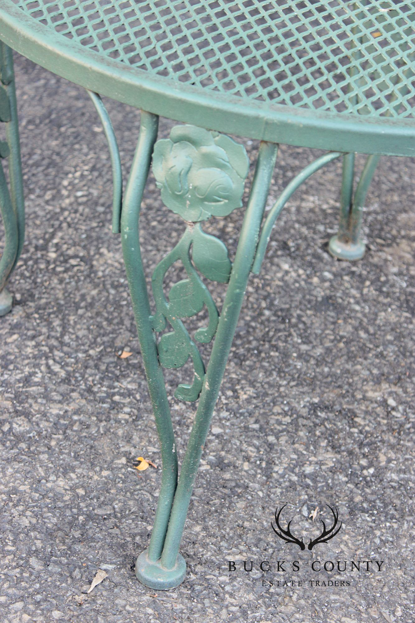 Wrought Iron Outdoor Round Mesh Top Patio Table With Floral Motif