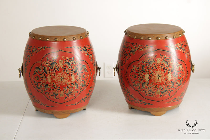 Asian Inspired Style Pair of Hand Painted Wooden Drum Stools