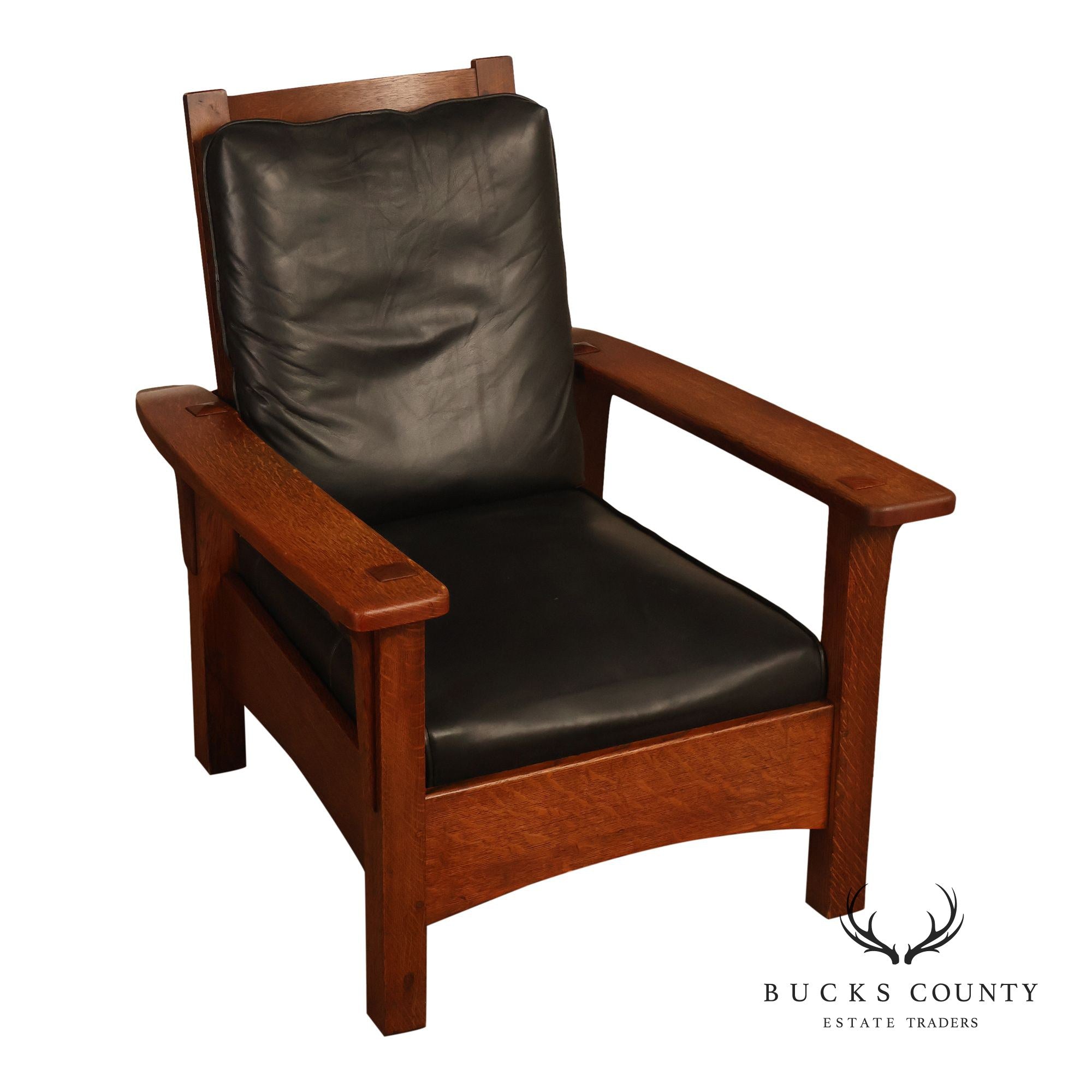 Antique Limbert Arts And Crafts Oak Morris Chair With Leather Cushions