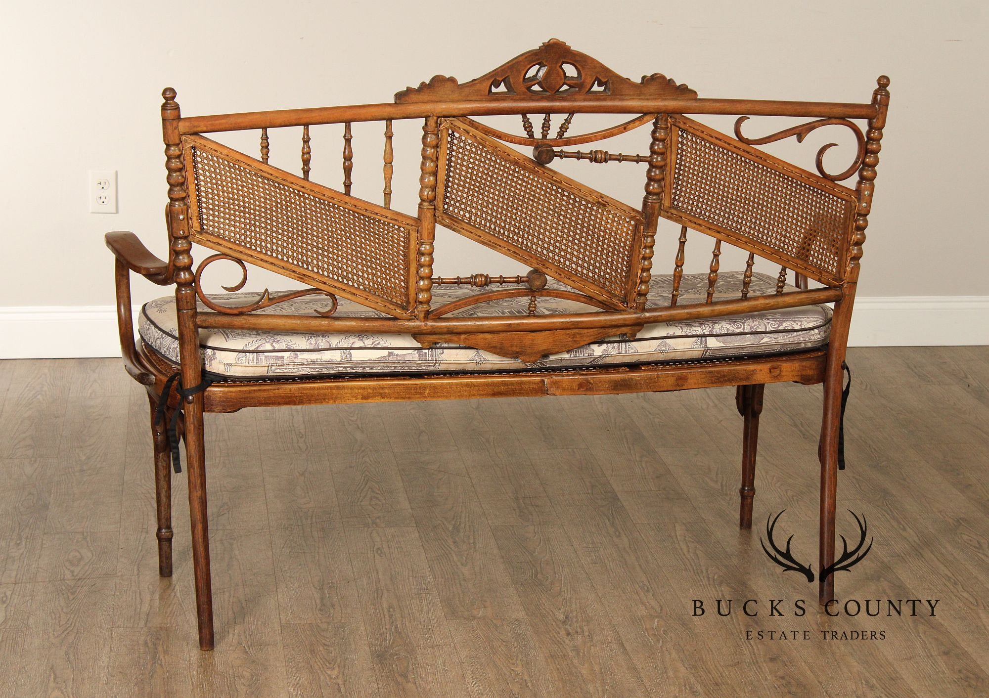 Vintage Thonet Style Bentwood And Caned Settee With Upholstered Cushion