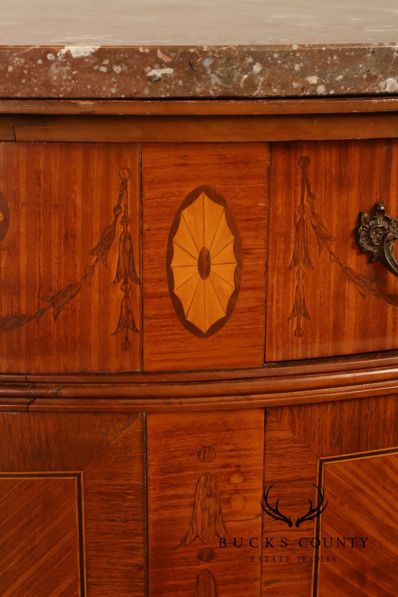 Antique French Louis XVI Neoclassical Inlaid Demilune Marble Top Commode
