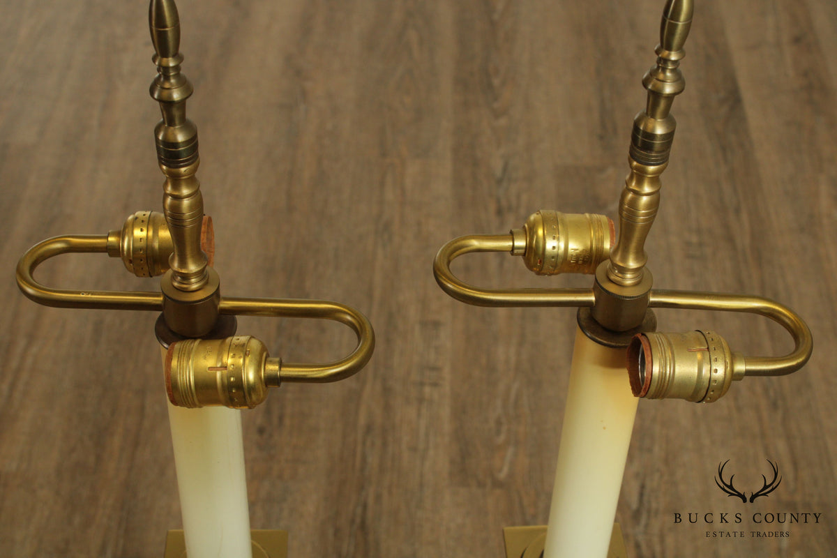 Stiffel Neo-Classical Style Pair Ivory Lacquered And Brass Column Table Lamps