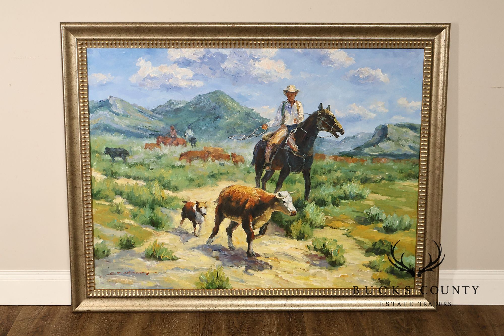 Western Cowboy on Horse Oil Painting on Canvas 55" x 43" Signed 'S. T. Cesent' in Gold Gilt Frame