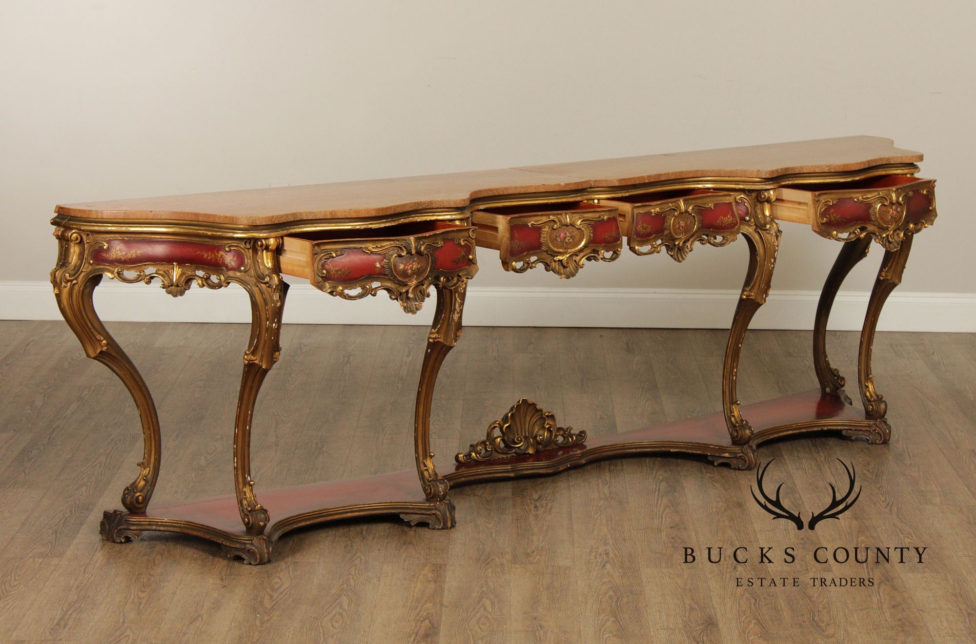 Italian Rococo Style Long Marble Top Console Table