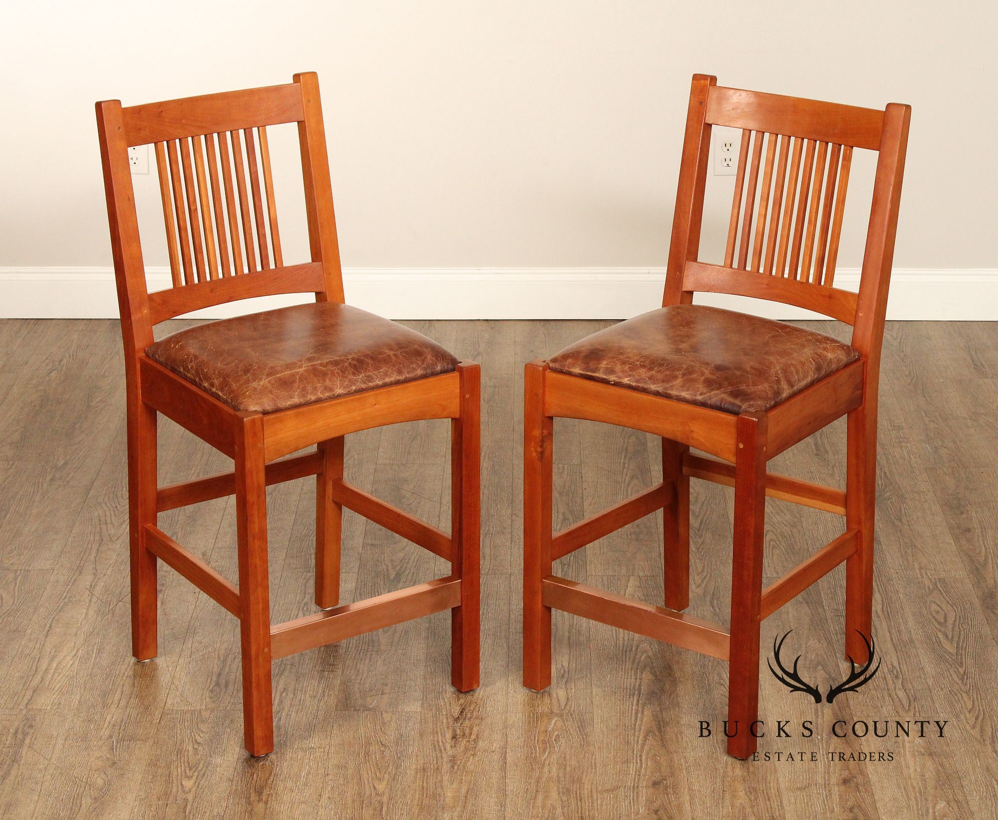 Stickley Mission Collection Pair Of Spindle Back Counter Stools