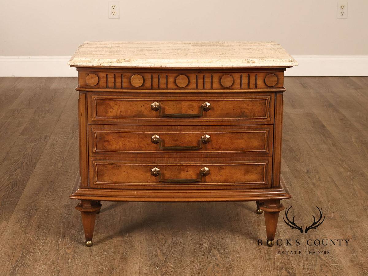 Pair Of Neoclassical Style Marble Top Three Drawer Nightstands