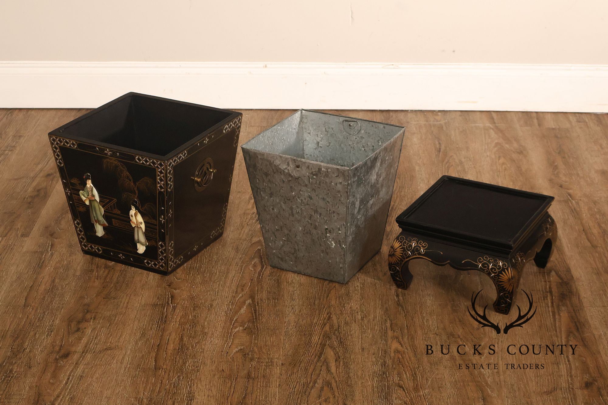 Chinese Black Lacquer Mother Of Pearl Inlaid Figural Planter On Matching Stand