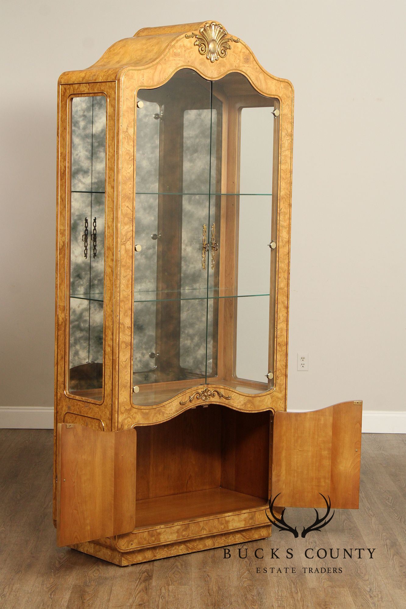 Mastercraft French Style Pair Of Burl Wood Display Cabinets