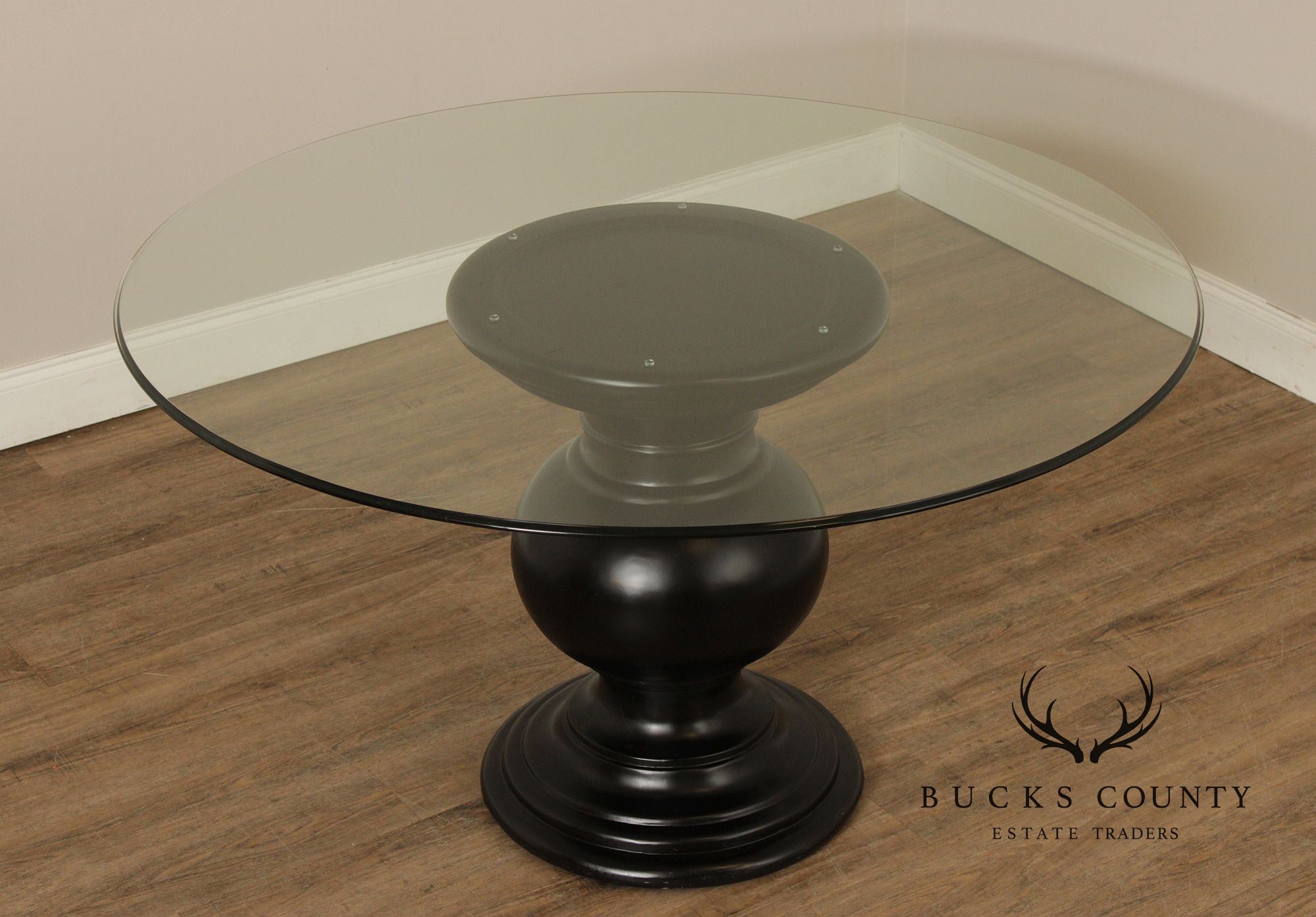 Contemporary Round Glass Top Ebonized Pedestal Dining Table