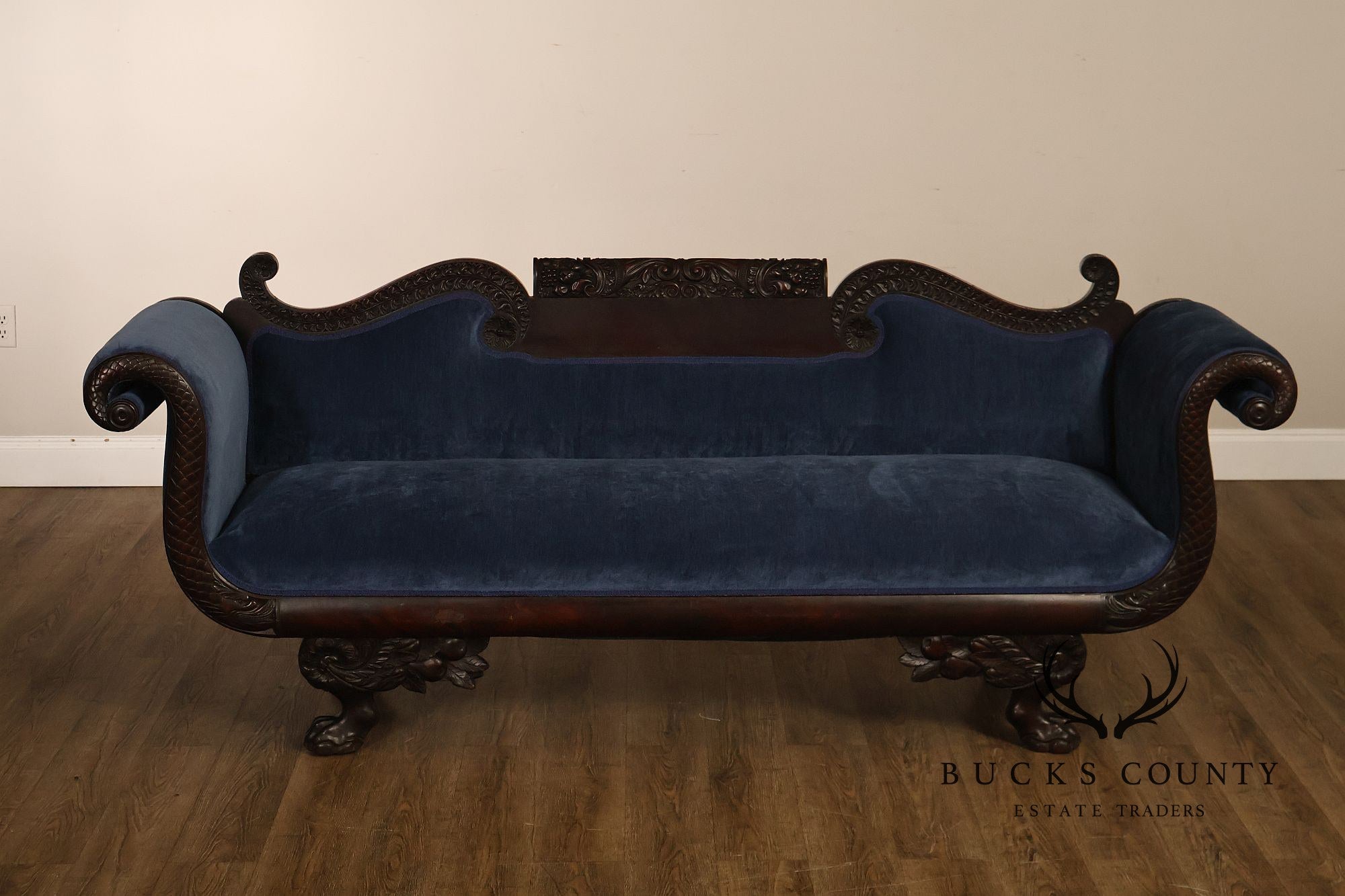 Antique American Empire Mahogany Carved Swan Arm Sofa With Blue  Upholstery