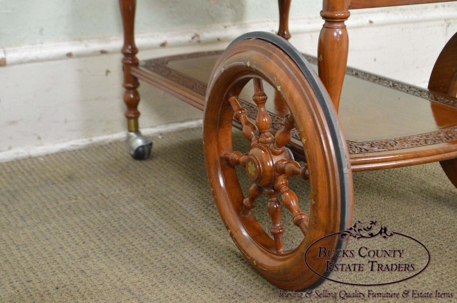 India Teak Wood Brass Marquetry Inlaid Serving Tea Cart